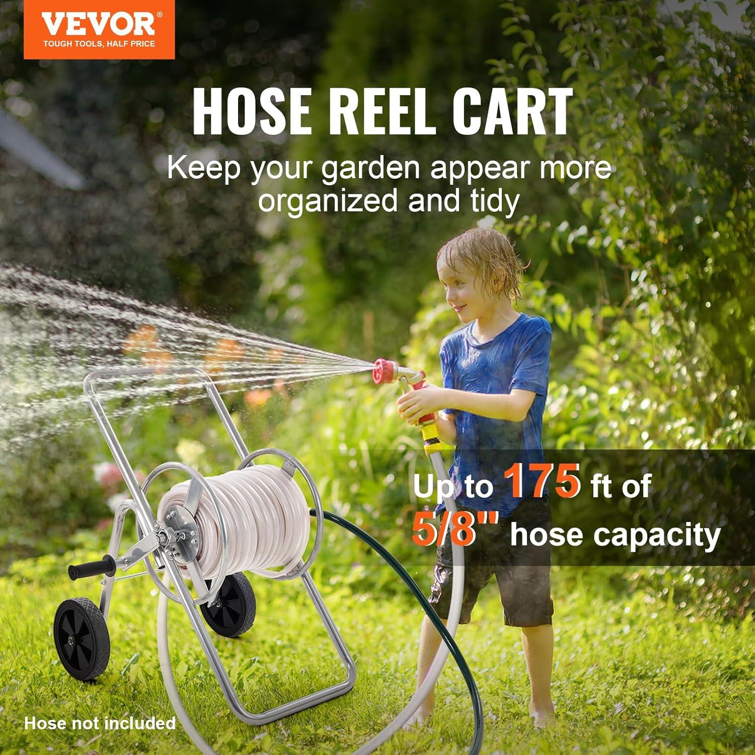 imageVEVOR Hose Reel Cart Hold Up to 300 ft of 58 Hose Garden Water Hose Carts Mobile Tools with 4 Wheels Heavy Duty PowderCoated Steel Outdoor Planting with Storage Basket for Garden Yard Lawn175 ft