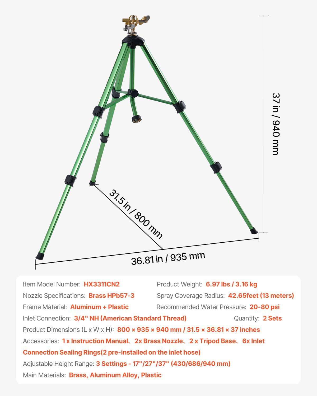 imageVEVOR Impact Sprinkler on Tripod Base 2 Packs Heavy Duty Tripod Sprinklers with Brass Head ampamp 34quot NH Connector 360 Degree Large Area Irrigation Sprinkler Adjustable Heights Sprinkler for Yard2PC