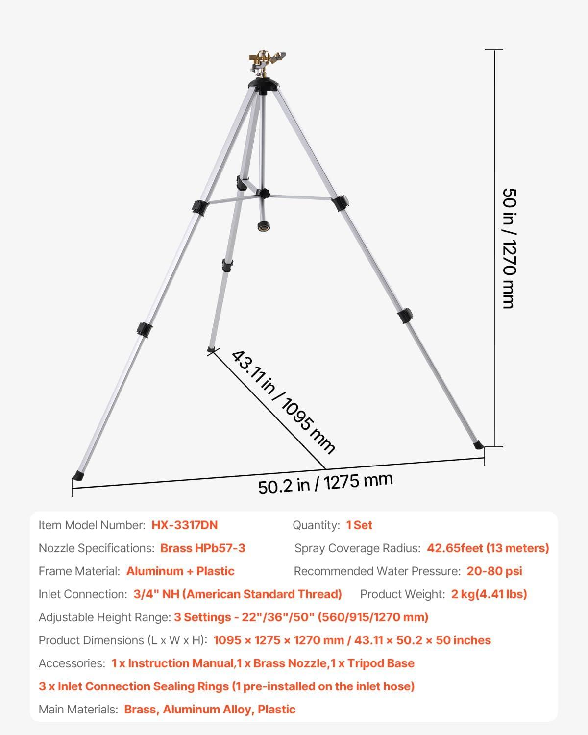 imageVEVOR Impact Sprinkler on Tripod Base 2 Packs Heavy Duty Tripod Sprinklers with Brass Head ampamp 34quot NH Connector 360 Degree Large Area Irrigation Sprinkler Adjustable Heights Sprinkler for Yard1PC