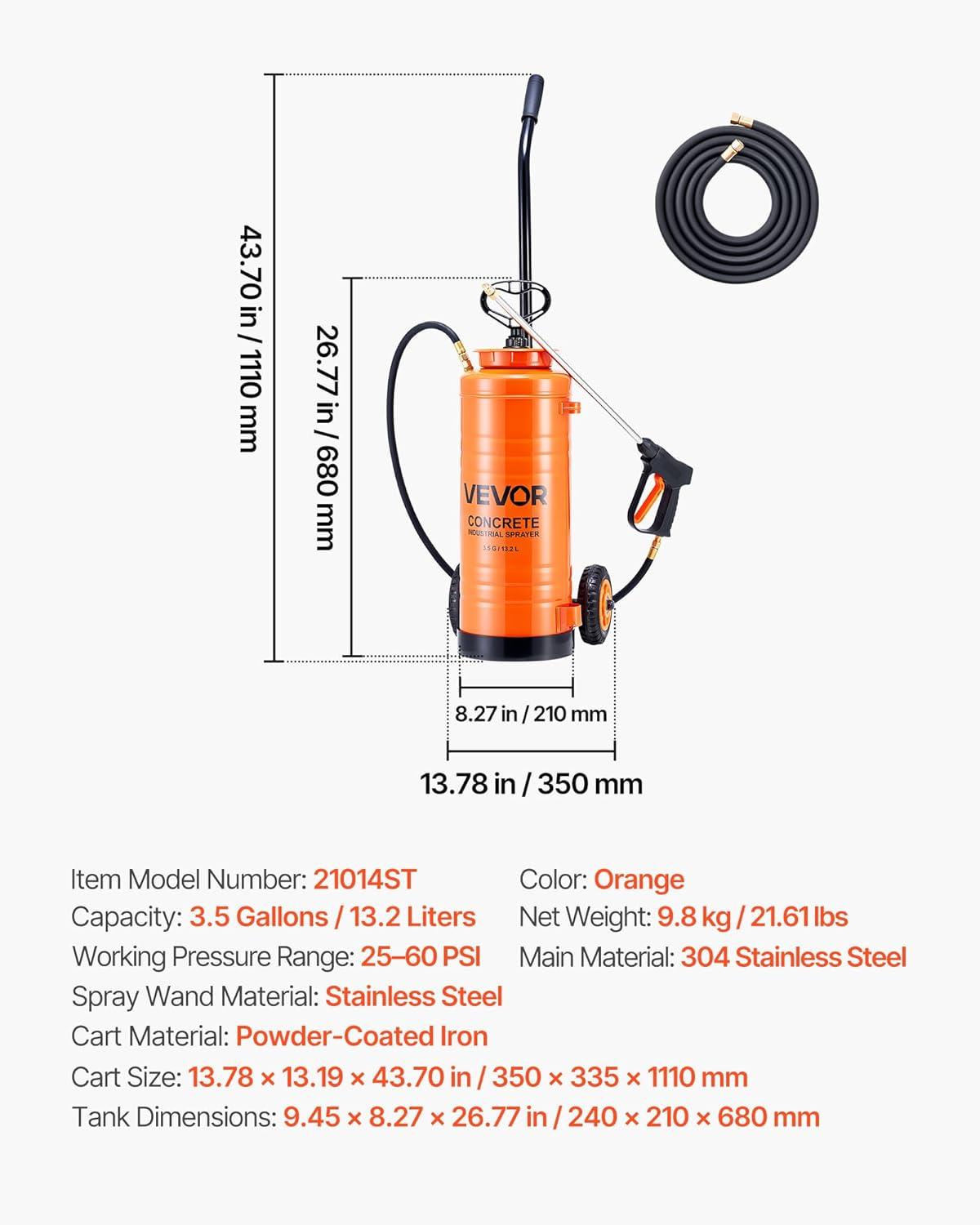 imageVEVOR Industrial Concrete Sprayer with Wheeled Cart 5 Gallon Stainless Steel Sprayer Heavy Duty TriPoxy Pump Sprayers 205Wand 48quot ampamp 120quot Hoses 2 Brass Nozzles for Construction Lawn ampamp Garden35 Gal Sprayer with Cart