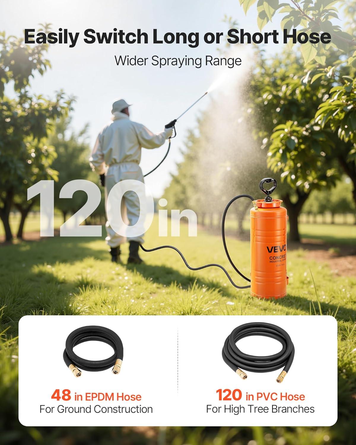 imageVEVOR Industrial Concrete Sprayer with Wheeled Cart 5 Gallon Stainless Steel Sprayer Heavy Duty TriPoxy Pump Sprayers 205Wand 48quot ampamp 120quot Hoses 2 Brass Nozzles for Construction Lawn ampamp Garden35 Gal Sprayer