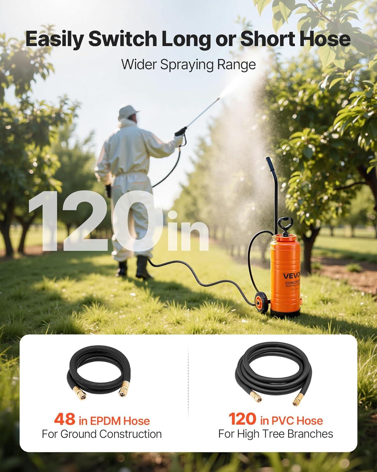 imageVEVOR Industrial Concrete Sprayer with Wheeled Cart 5 Gallon Stainless Steel Sprayer Heavy Duty TriPoxy Pump Sprayers 205Wand 48quot ampamp 120quot Hoses 2 Brass Nozzles for Construction Lawn ampamp Garden35 Gal Sprayer with Cart