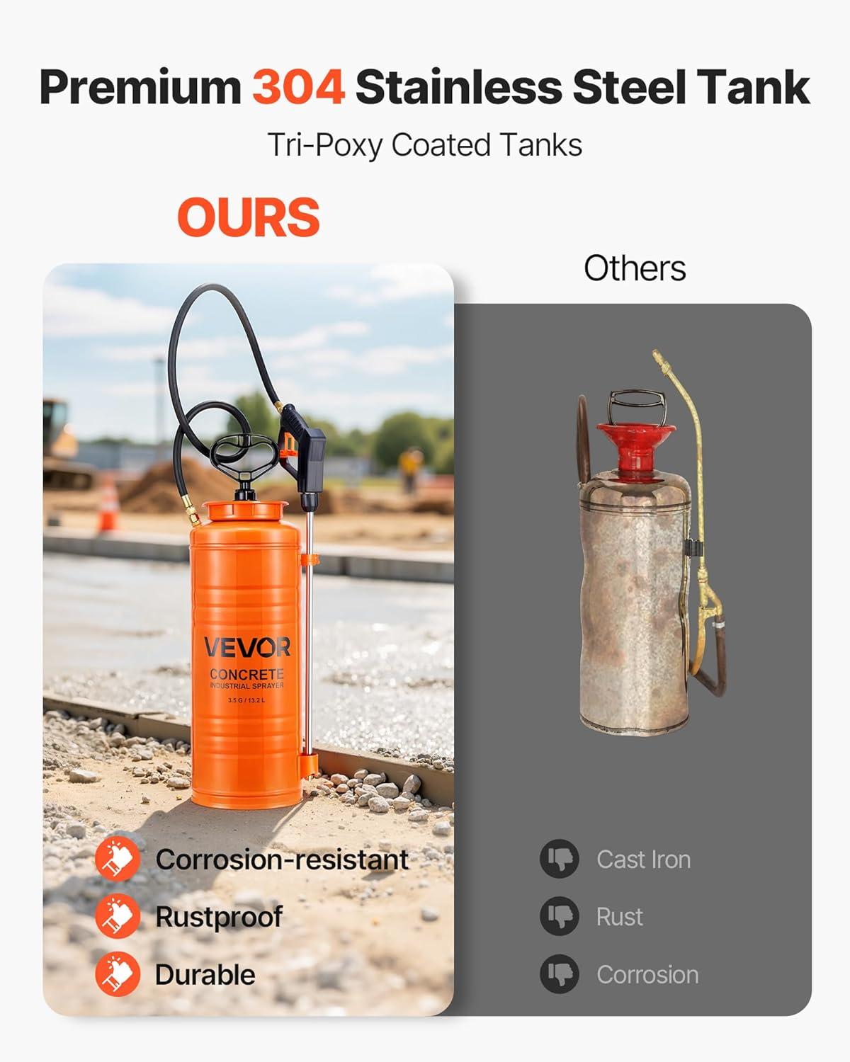 imageVEVOR Industrial Concrete Sprayer with Wheeled Cart 5 Gallon Stainless Steel Sprayer Heavy Duty TriPoxy Pump Sprayers 205Wand 48quot ampamp 120quot Hoses 2 Brass Nozzles for Construction Lawn ampamp Garden35 Gal Sprayer