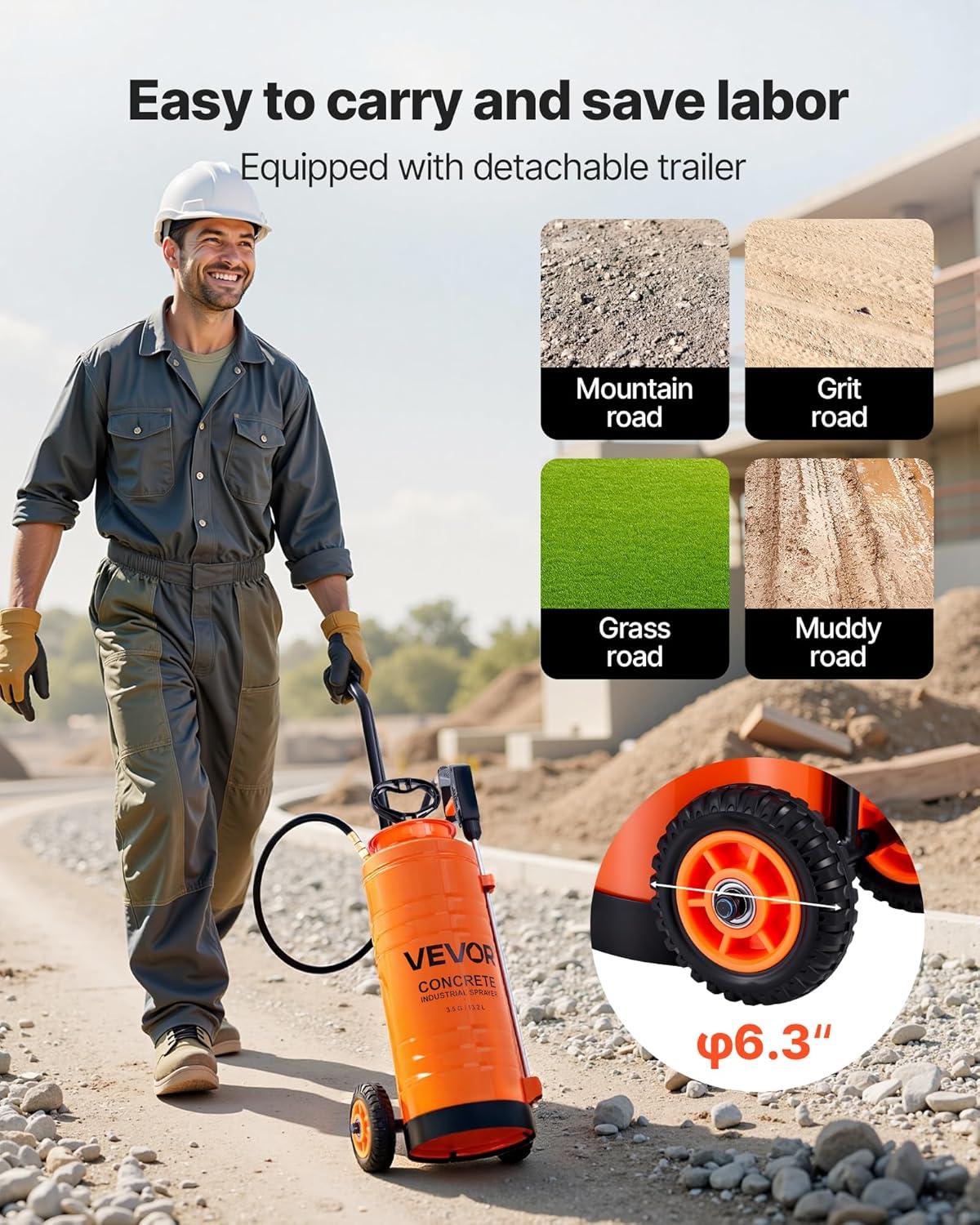 imageVEVOR Industrial Concrete Sprayer with Wheeled Cart 5 Gallon Stainless Steel Sprayer Heavy Duty TriPoxy Pump Sprayers 205Wand 48quot ampamp 120quot Hoses 2 Brass Nozzles for Construction Lawn ampamp Garden35 Gal Sprayer with Cart