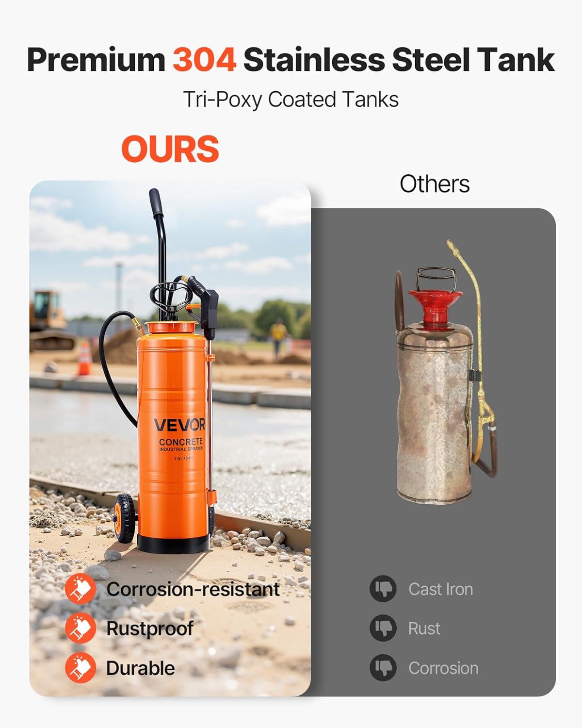 imageVEVOR Industrial Concrete Sprayer with Wheeled Cart 5 Gallon Stainless Steel Sprayer Heavy Duty TriPoxy Pump Sprayers 205Wand 48quot ampamp 120quot Hoses 2 Brass Nozzles for Construction Lawn ampamp Garden5 Gal Sprayer with Cart