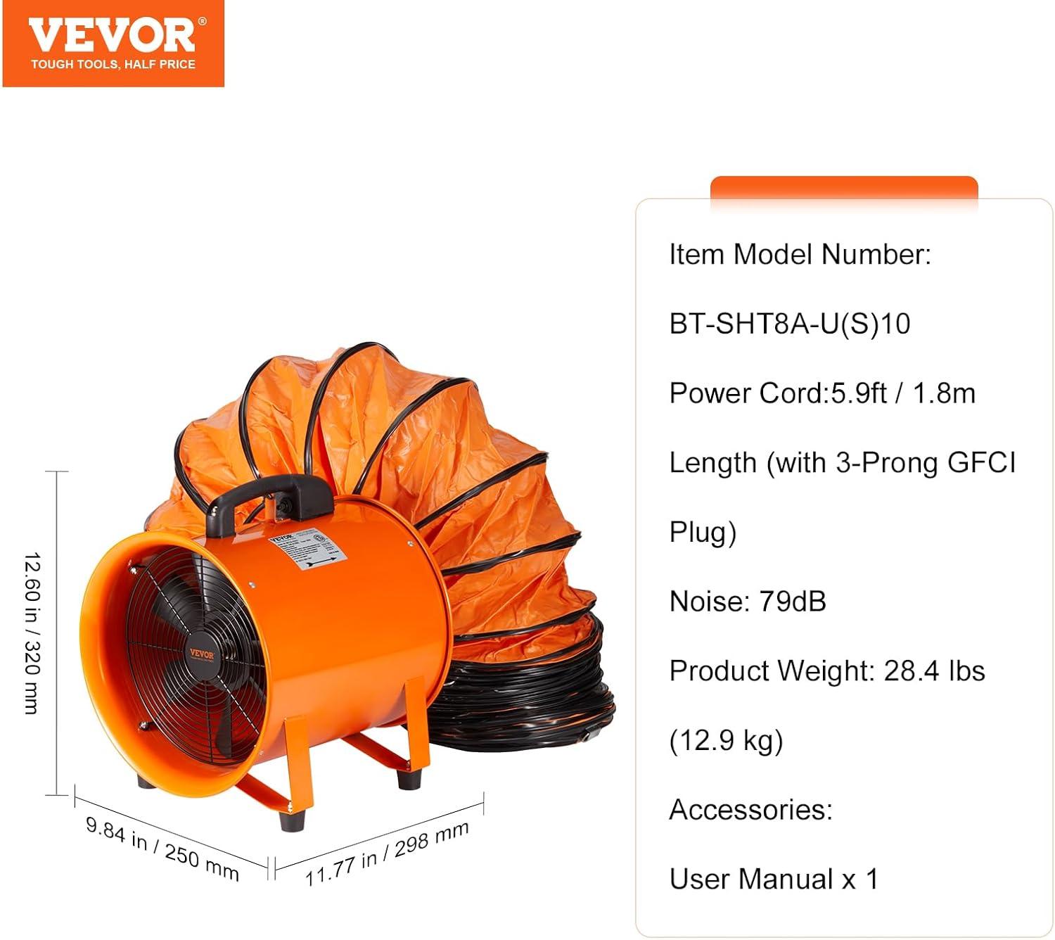 imageVEVOR Industrial Portable Air Blower Ventilator with Hose 3198CFM 12 Inch Heavy Duty Tube Exhaust Fan with 164ft Flexible Duct 585W High Velocity Air Mover for Extraction and Ventilation1070CFM  8in33ft Combo Fan and Hose
