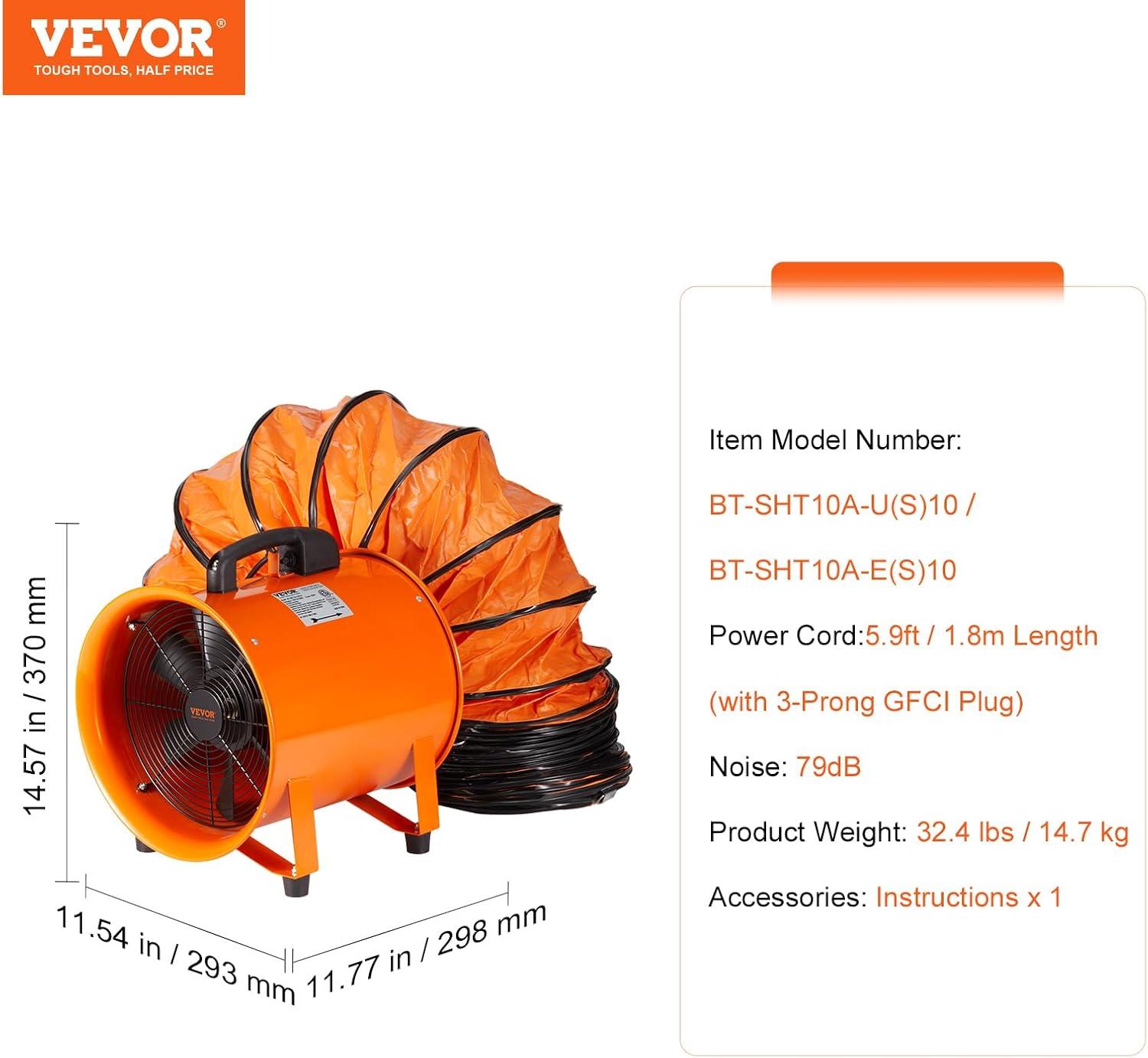 imageVEVOR Industrial Portable Air Blower Ventilator with Hose 3198CFM 12 Inch Heavy Duty Tube Exhaust Fan with 164ft Flexible Duct 585W High Velocity Air Mover for Extraction and Ventilation1893CFM  10in33ft Combo Fan and Hose