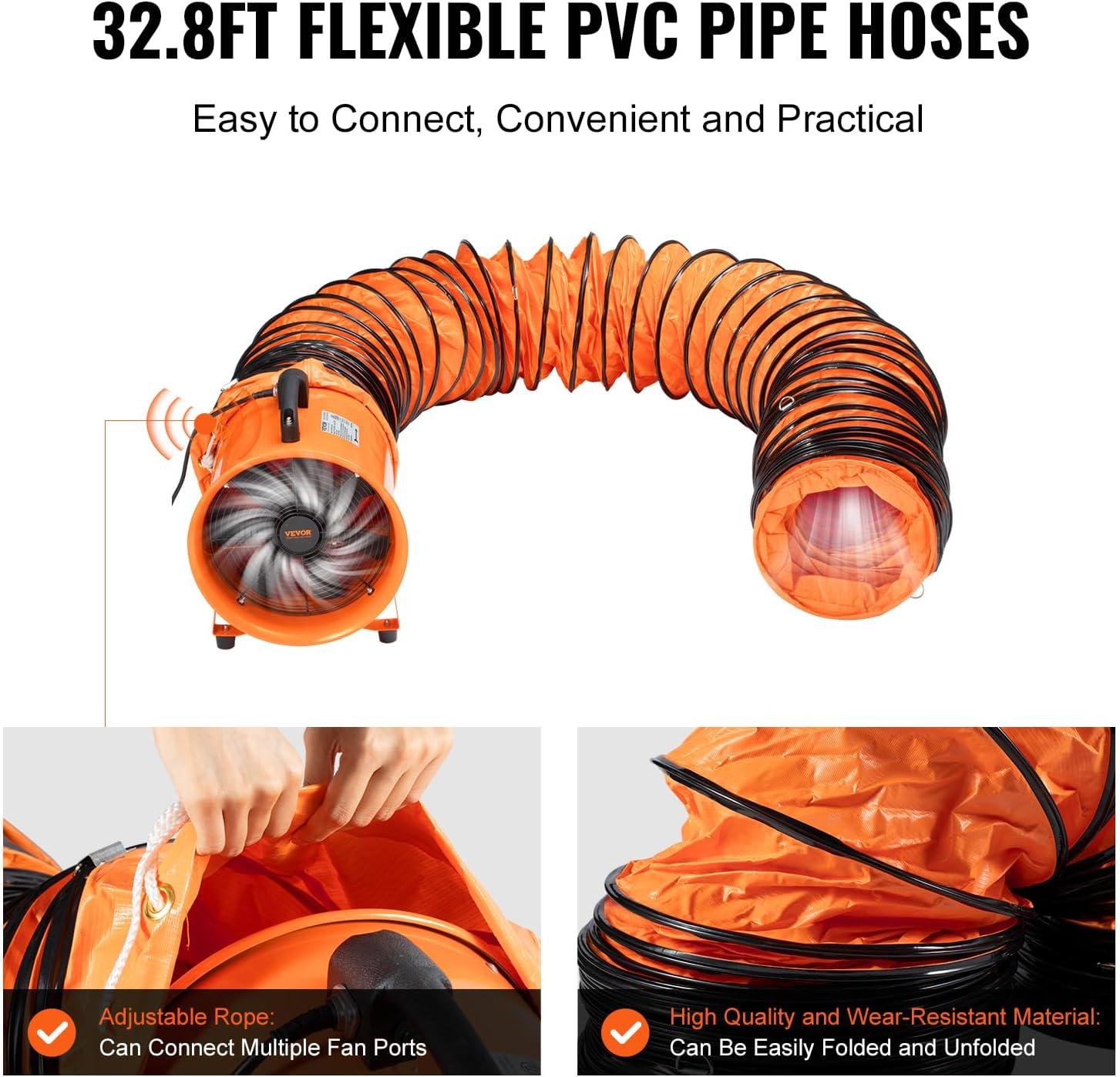 imageVEVOR Industrial Portable Air Blower Ventilator with Hose 3198CFM 12 Inch Heavy Duty Tube Exhaust Fan with 164ft Flexible Duct 585W High Velocity Air Mover for Extraction and Ventilation1070CFM  8in33ft Combo Fan and Hose