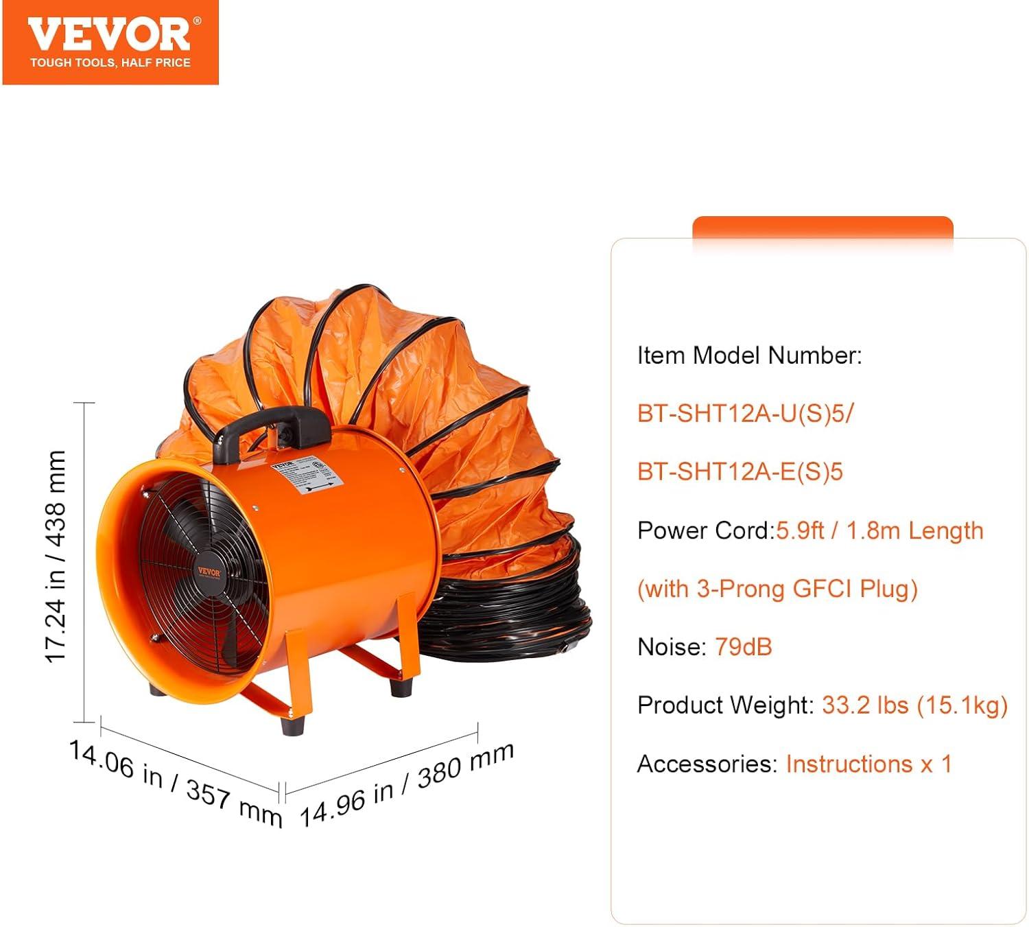 imageVEVOR Industrial Portable Air Blower Ventilator with Hose 3198CFM 12 Inch Heavy Duty Tube Exhaust Fan with 164ft Flexible Duct 585W High Velocity Air Mover for Extraction and Ventilation3198CFM  12in16ft Combo Fan and Hose