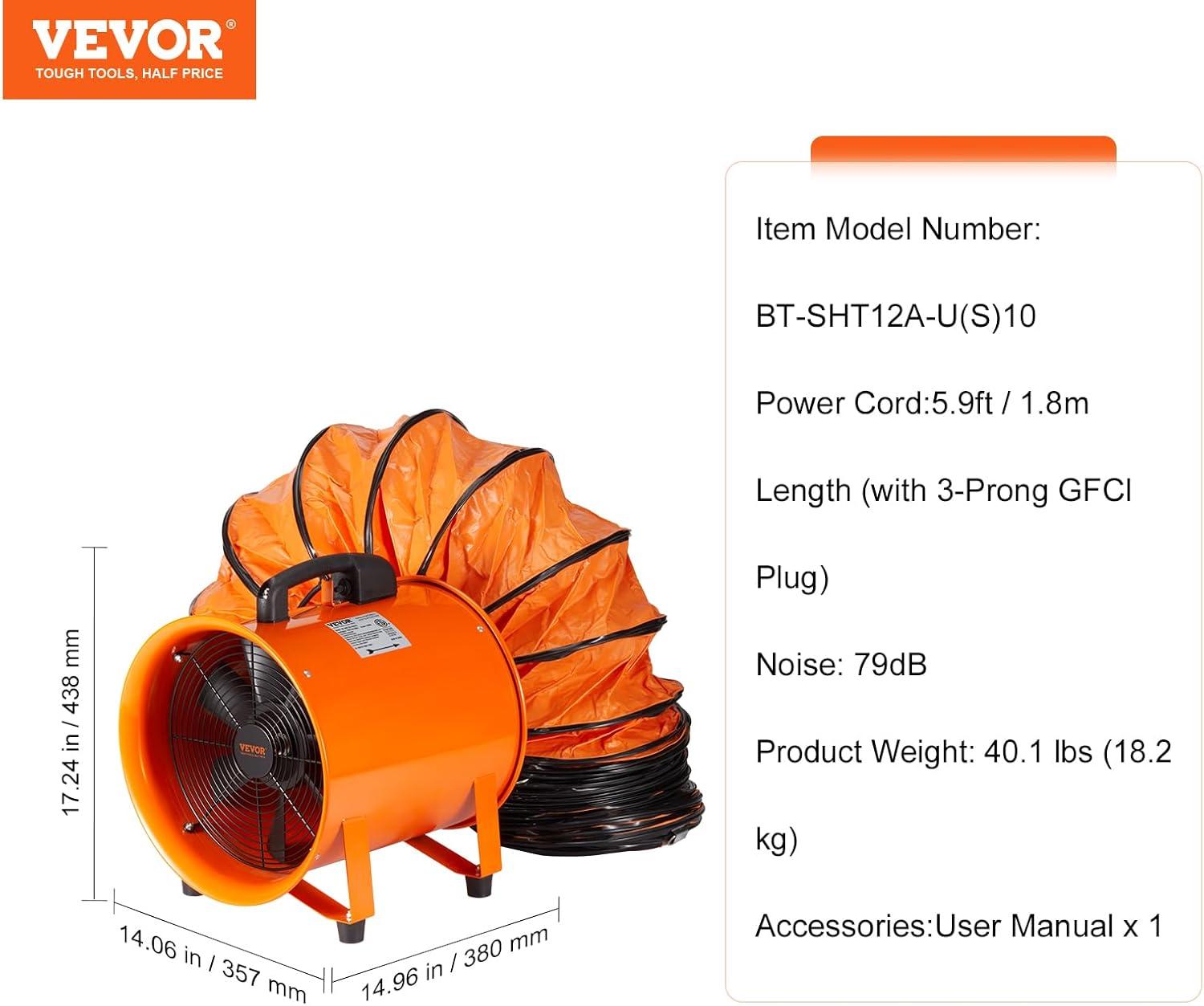 imageVEVOR Industrial Portable Air Blower Ventilator with Hose 3198CFM 12 Inch Heavy Duty Tube Exhaust Fan with 164ft Flexible Duct 585W High Velocity Air Mover for Extraction and Ventilation3198CFM  12in33ft Combo Fan and Hose