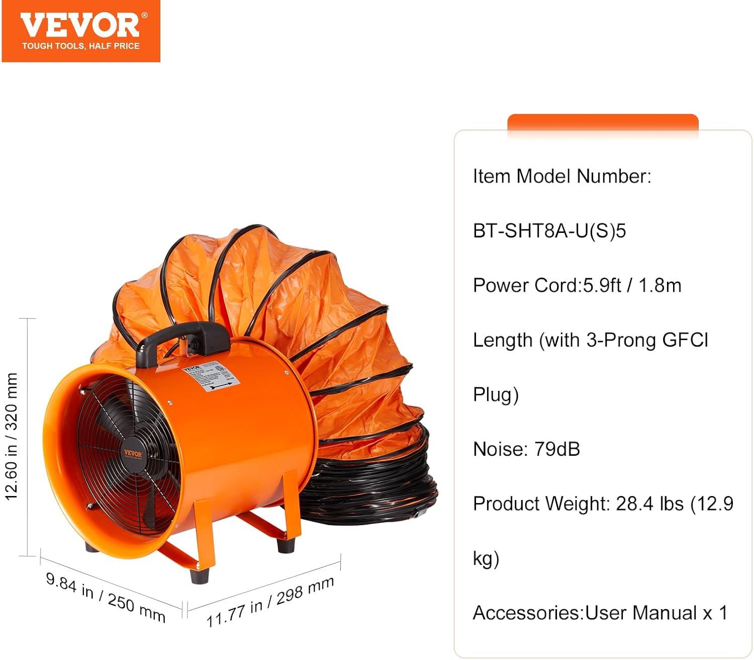 imageVEVOR Industrial Portable Air Blower Ventilator with Hose 3198CFM 12 Inch Heavy Duty Tube Exhaust Fan with 164ft Flexible Duct 585W High Velocity Air Mover for Extraction and Ventilation1070CFM  8in16ft Combo Fan and Hose