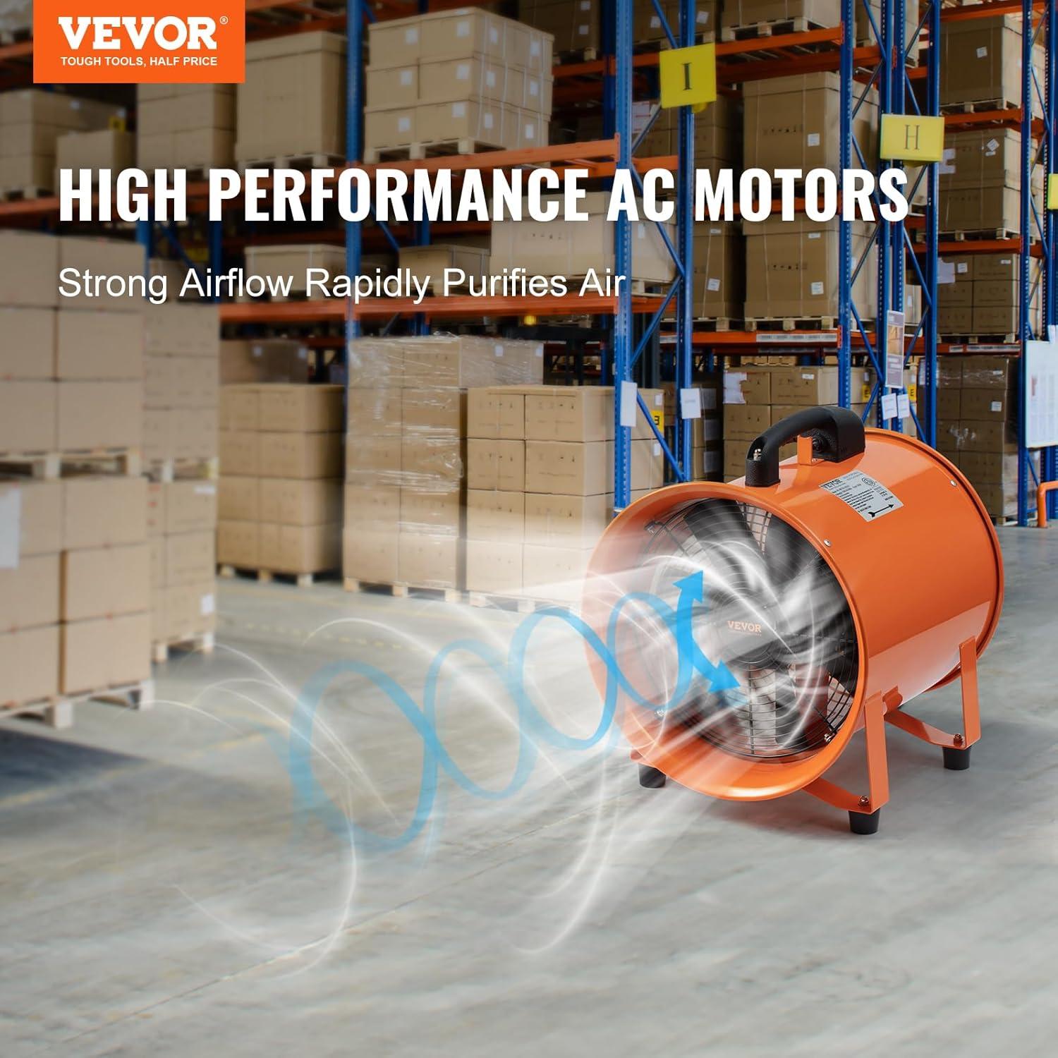 imageVEVOR Industrial Portable Air Blower Ventilator with Hose 3198CFM 12 Inch Heavy Duty Tube Exhaust Fan with 164ft Flexible Duct 585W High Velocity Air Mover for Extraction and Ventilation3198CFM  12in33ft Combo Fan and Hose