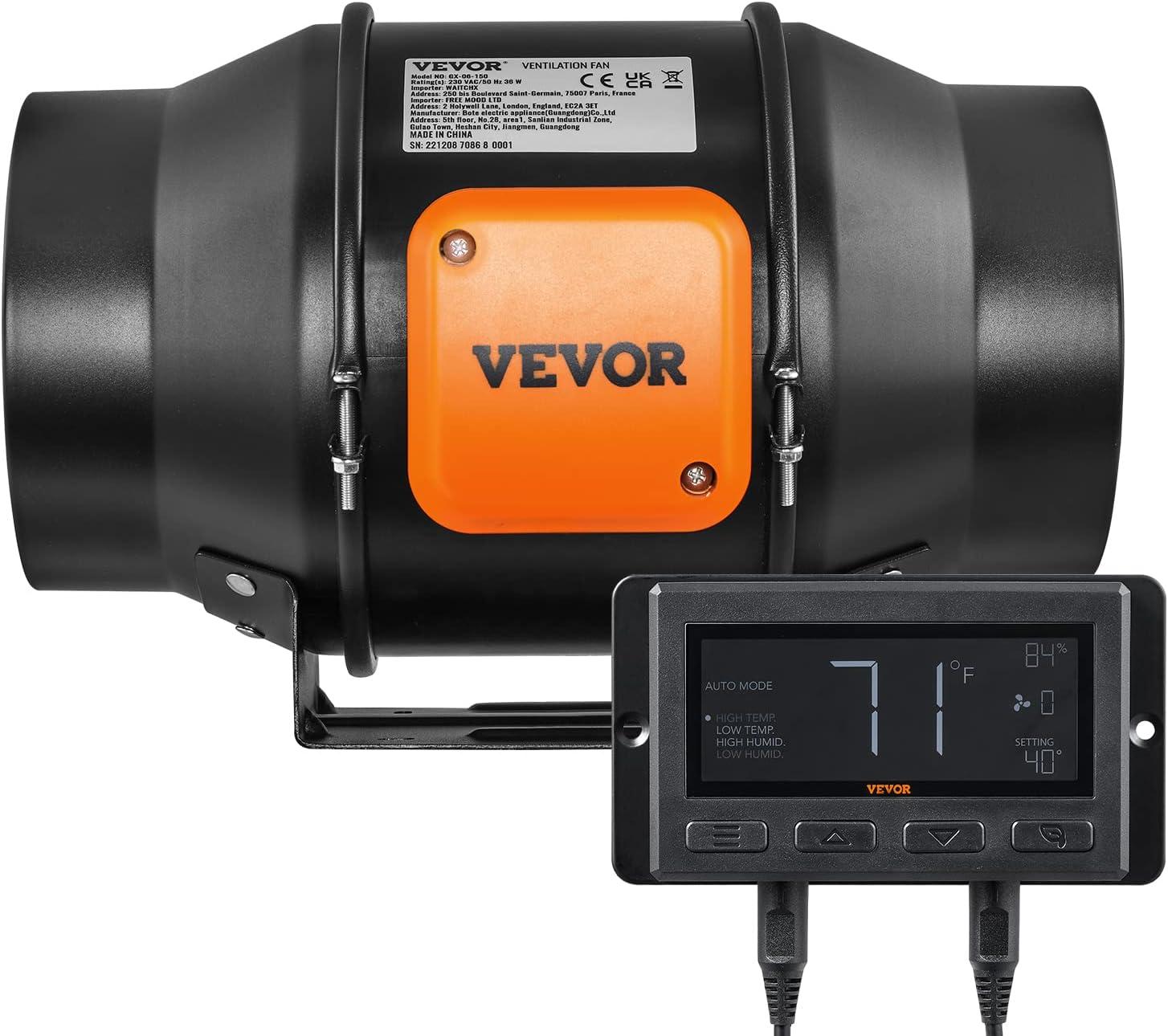 imageVEVOR Inline Duct Fan 6Inch 402 CFM with Temperature Humidity Controller Quiet ECMotor Ventilation Exhaust Fan for Cooling Booster Grow Tents Hydroponics6 Inch