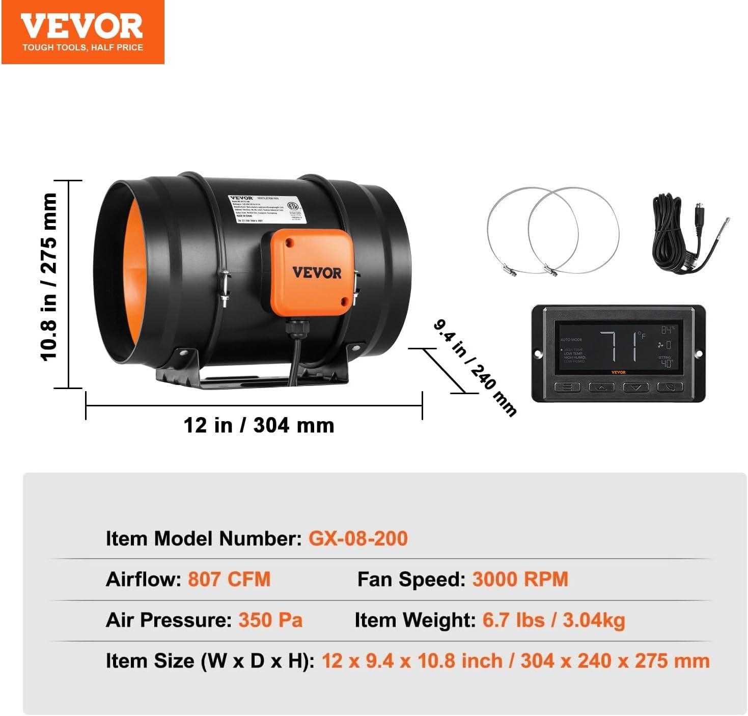 imageVEVOR Inline Duct Fan 6Inch 402 CFM with Temperature Humidity Controller Quiet ECMotor Ventilation Exhaust Fan for Cooling Booster Grow Tents Hydroponics8 Inch