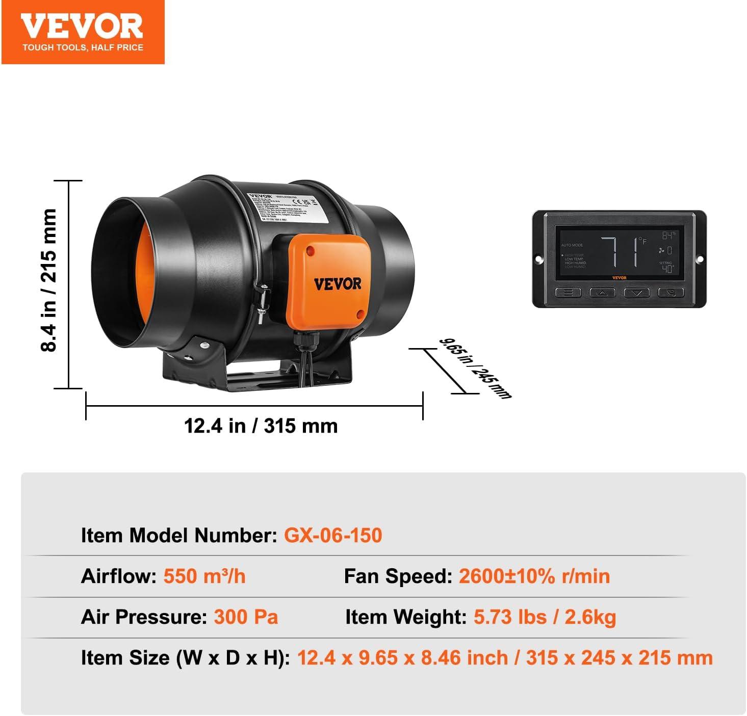 imageVEVOR Inline Duct Fan 6Inch 402 CFM with Temperature Humidity Controller Quiet ECMotor Ventilation Exhaust Fan for Cooling Booster Grow Tents Hydroponics6 Inch