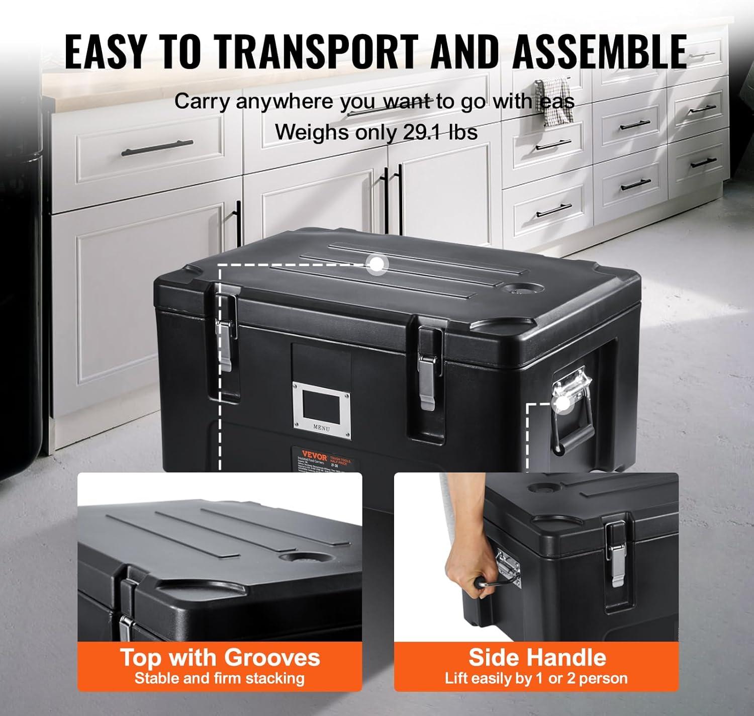 imageVEVOR Insulated Food Pan Carrier 95 Qt Hot Box for Catering LLDPE Food Box Carrier with Double Buckles Front Loading Food Warmer for Restaurant Canteen etcBlack