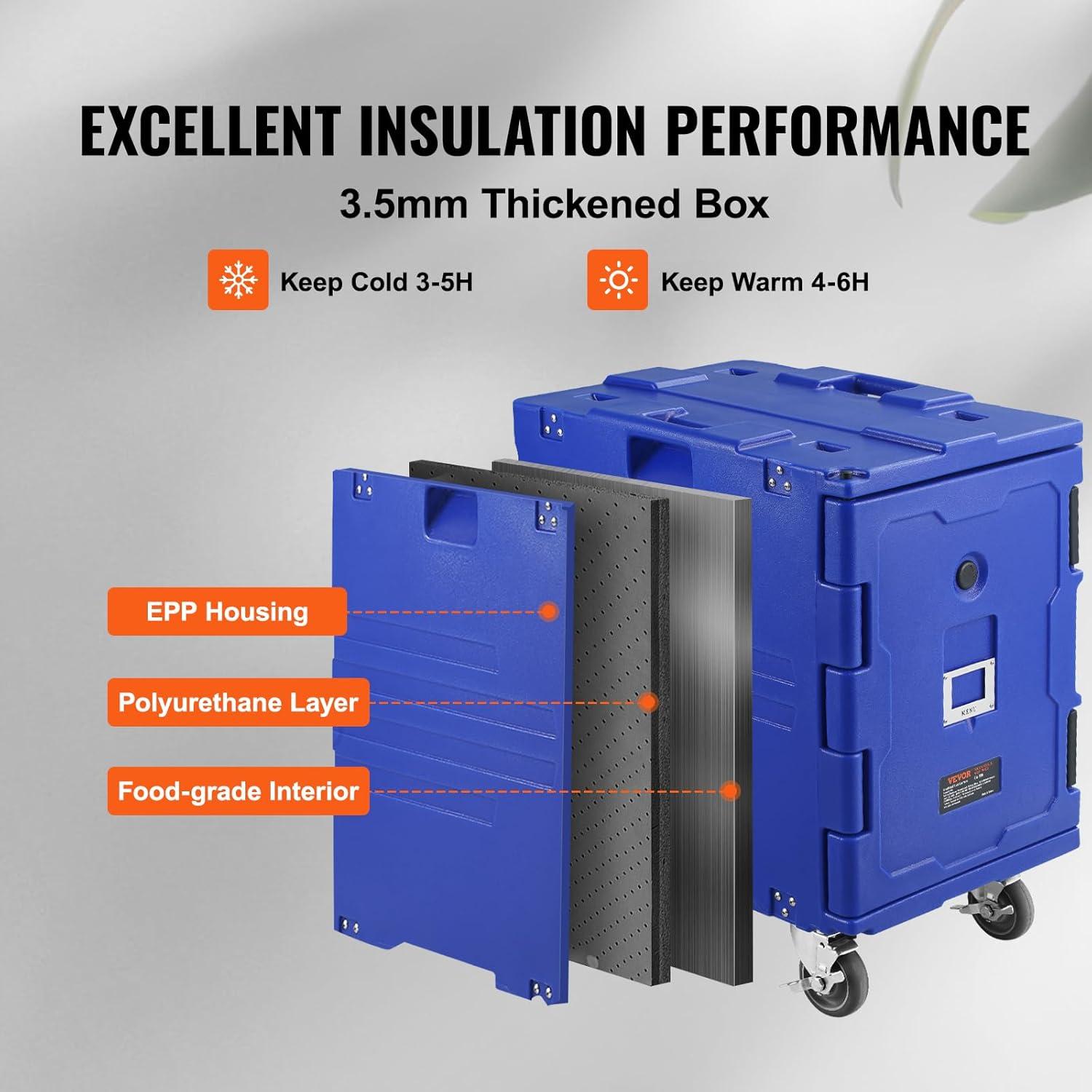 imageVEVOR Insulated Food Pan Carrier 95 Qt Hot Box for Catering LLDPE Food Box Carrier with Double Buckles Front Loading Food Warmer for Restaurant Canteen etcBlue