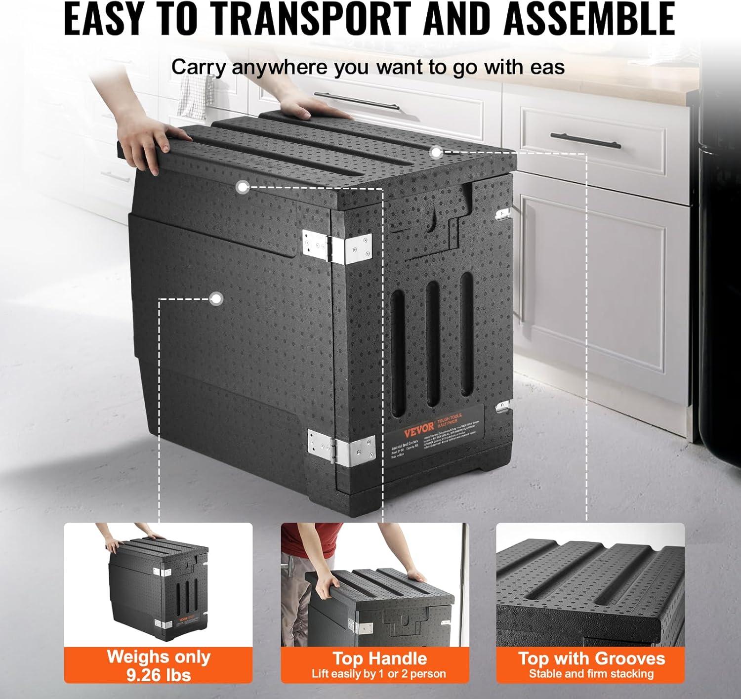 imageVEVOR Insulated Food Pan Carrier 95 Qt Hot Box for Catering LLDPE Food Box Carrier with Double Buckles Front Loading Food Warmer for Restaurant Canteen etcBlack