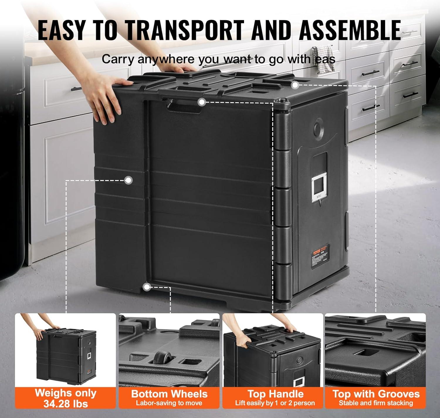 imageVEVOR Insulated Food Pan Carrier 95 Qt Hot Box for Catering LLDPE Food Box Carrier with Double Buckles Front Loading Food Warmer for Restaurant Canteen etcBlack