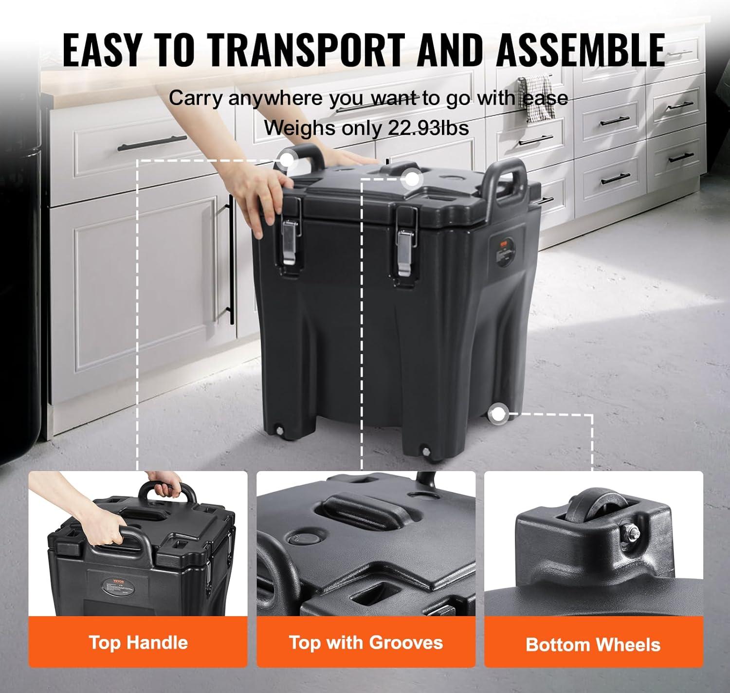 imageVEVOR Insulated Food Pan Carrier 95 Qt Hot Box for Catering LLDPE Food Box Carrier with Double Buckles Front Loading Food Warmer for Restaurant Canteen etcBlack