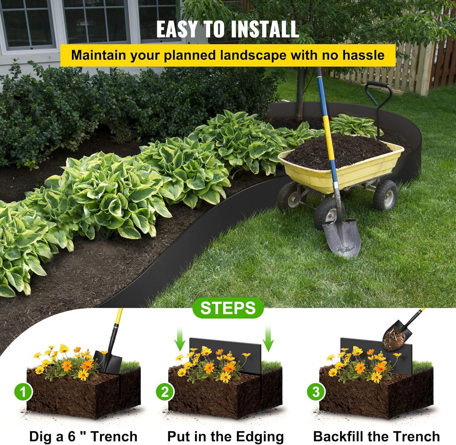 imageVEVOR Landscape Edging 10 inch Depth 60 ft Total Length Recycled HDPE Coiled Terrace Board Flexible Bender Border for Landscaping Lawn Garden Yard Against Invading Weeds Black80 FT