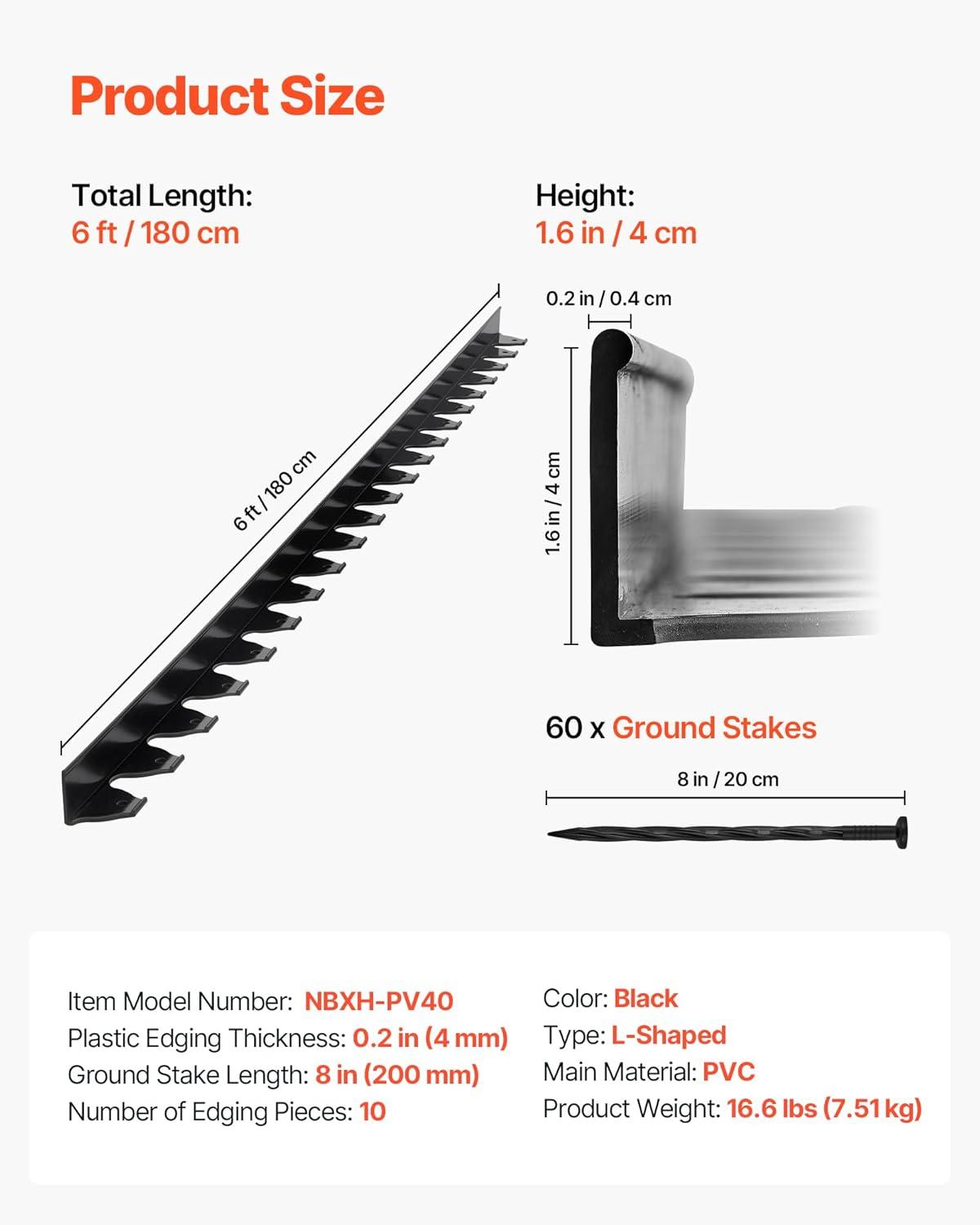 imageVEVOR Landscape Edging 66 ft x 4 in Plastic Garden Border Edging with 60 Spikes ampamp 2 Ground Stakes No Dig Flexible Lawn Edgings Roll UVResistant Mini Fence Borders for Flower Beds Yard Paver60ft17inLshaped