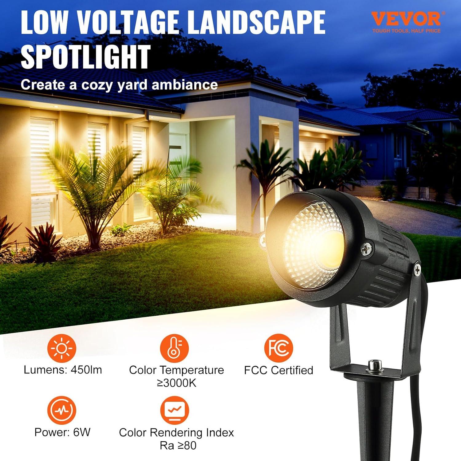 imageVEVOR Landscape Lighting 6W Low Voltage LED Landscape Lights IP66 Waterproof Landscape Spotlights Yard Lawn Garden Pathway Outdoor Lights 12V 24V 450LM Warm White 3000K 12 Pack with ConnectorsOutdoorLandscape Lights