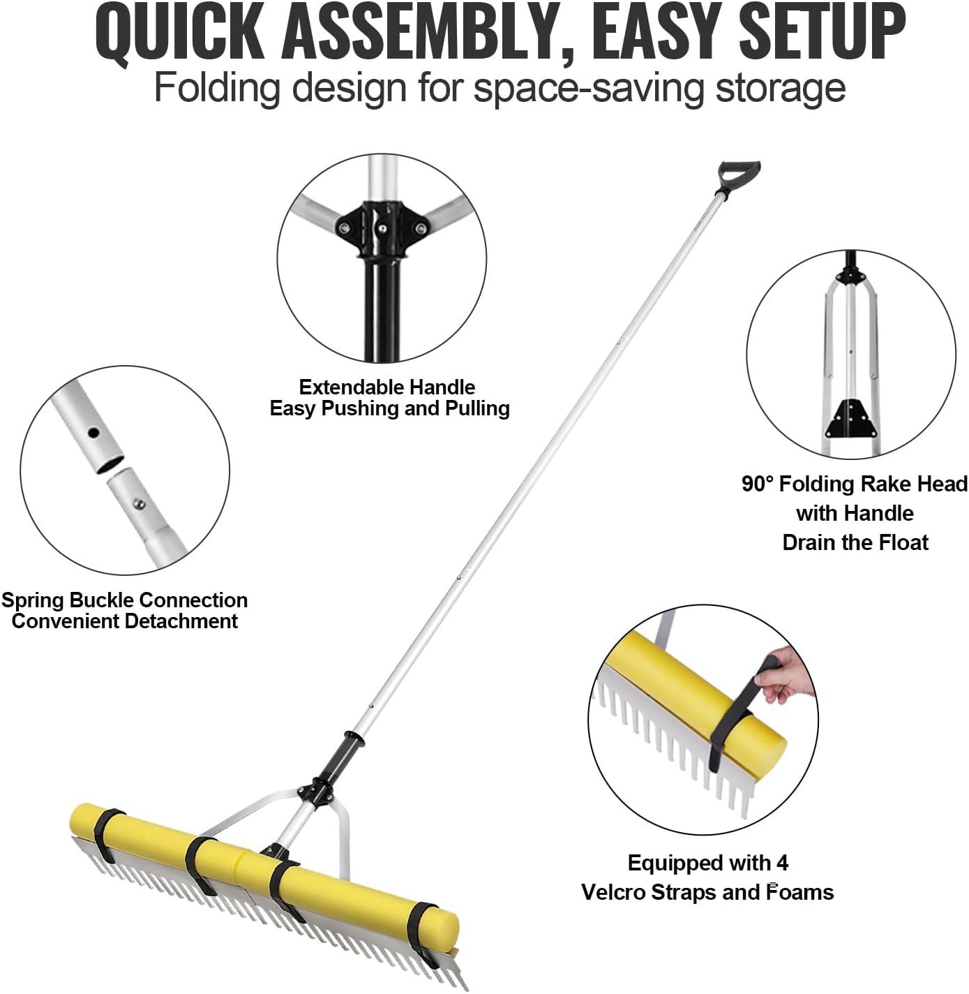 imageVEVOR Landscape Rake 36quot Head Aluminum Lake Weed Rake with 75quot Long Handle for Loosening Soil Lawn Care Weeding Lake Garden Silver10236 HandleRope