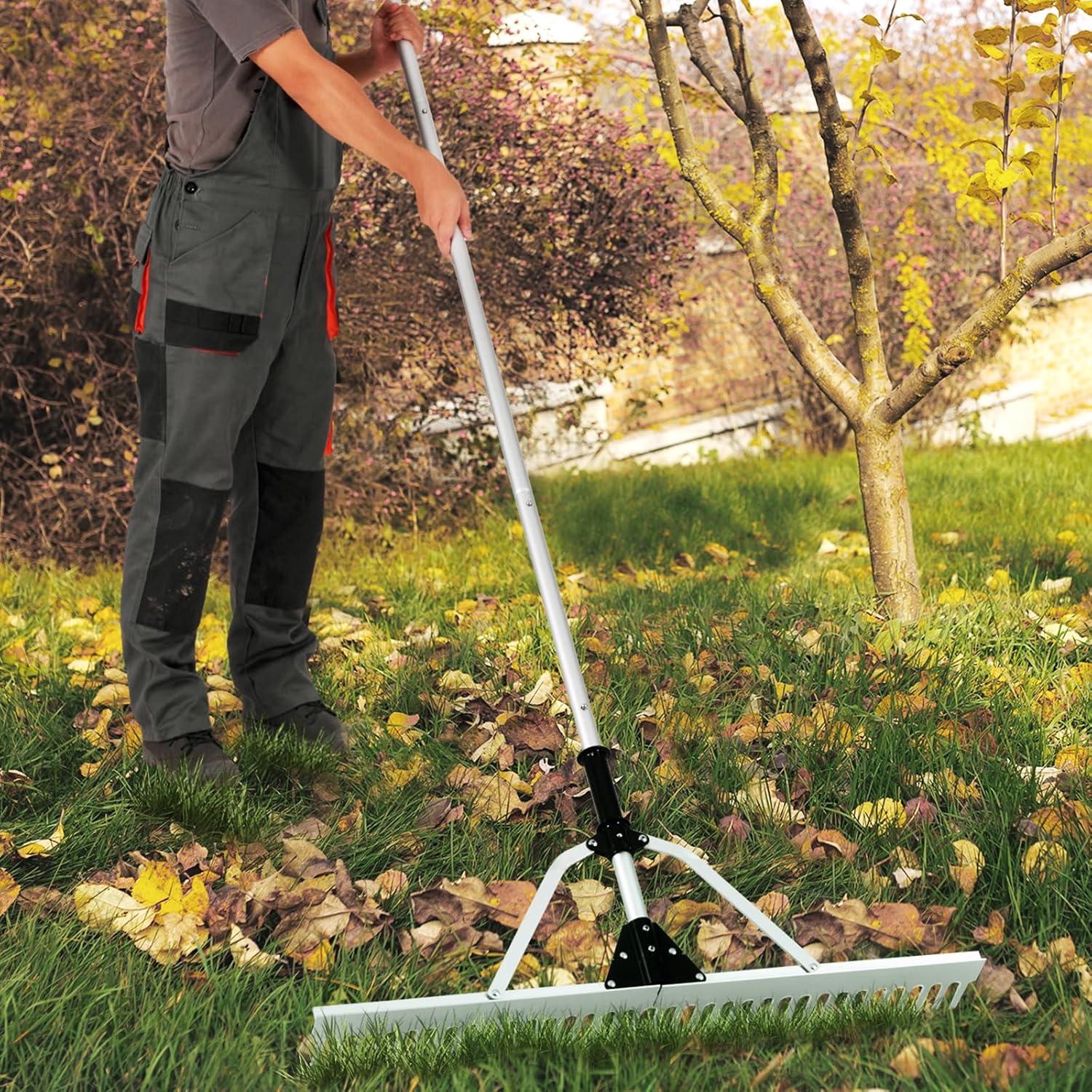 imageVEVOR Landscape Rake 36quot Head Aluminum Lake Weed Rake with 75quot Long Handle for Loosening Soil Lawn Care Weeding Lake Garden Silver10236 HandleRope