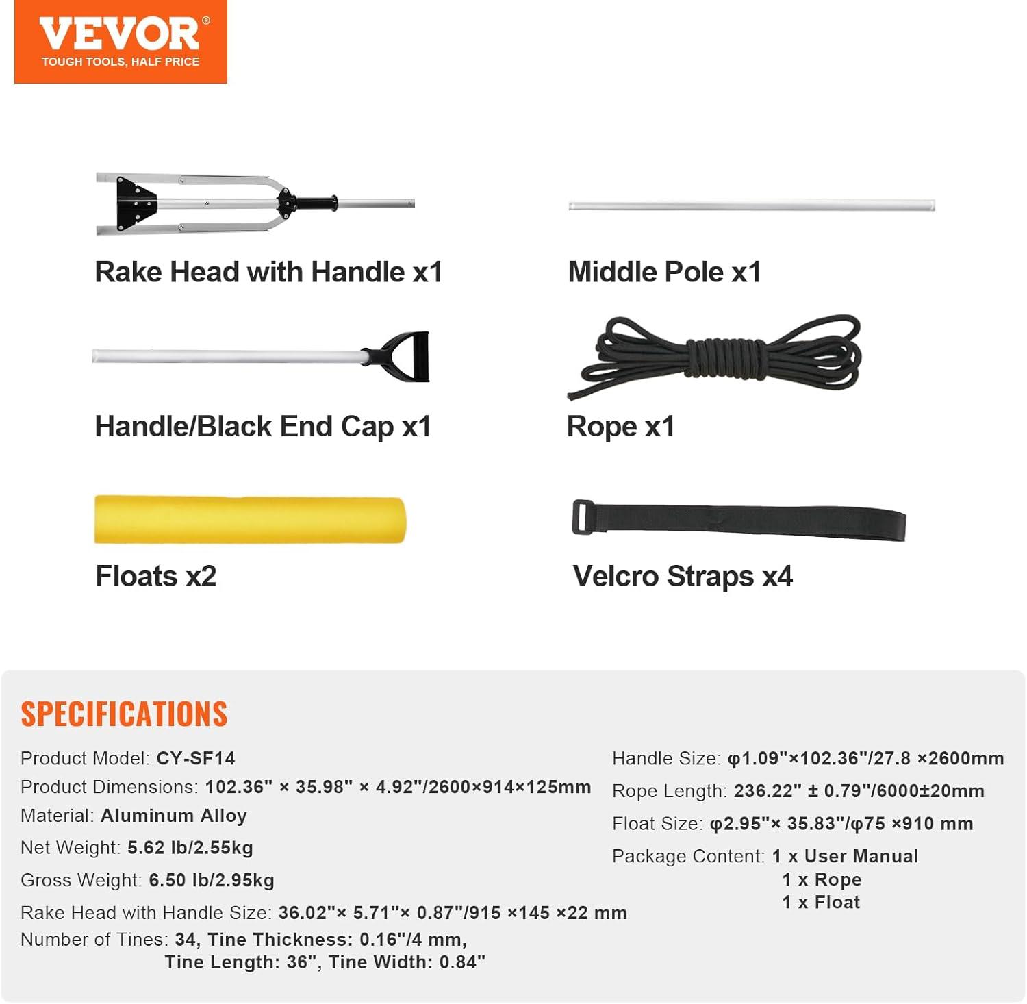 imageVEVOR Landscape Rake 36quot Head Aluminum Lake Weed Rake with 75quot Long Handle for Loosening Soil Lawn Care Weeding Lake Garden Silver10236 HandleRope