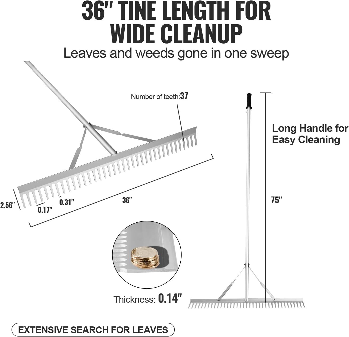 imageVEVOR Landscape Rake 36quot Head Aluminum Lake Weed Rake with 75quot Long Handle for Loosening Soil Lawn Care Weeding Lake Garden Silver75 Handle