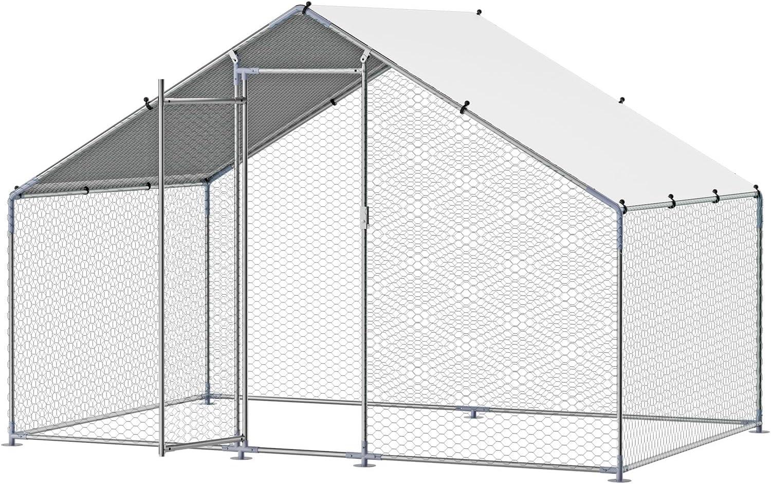 imageVEVOR Large Metal Chicken Coop with Run Walkin Chicken Coop for Yard with Waterproof Cover 65 x 98 x 65 ft Spire Roof Large Poultry Cage for Hen House Duck Coop and Rabbit RunSpire Roof