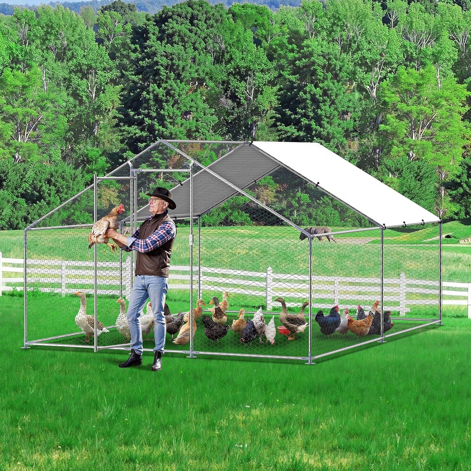 imageVEVOR Large Metal Chicken Coop with Run Walkin Chicken Coop for Yard with Waterproof Cover 65 x 98 x 65 ft Spire Roof Large Poultry Cage for Hen House Duck Coop and Rabbit RunSpire Roof