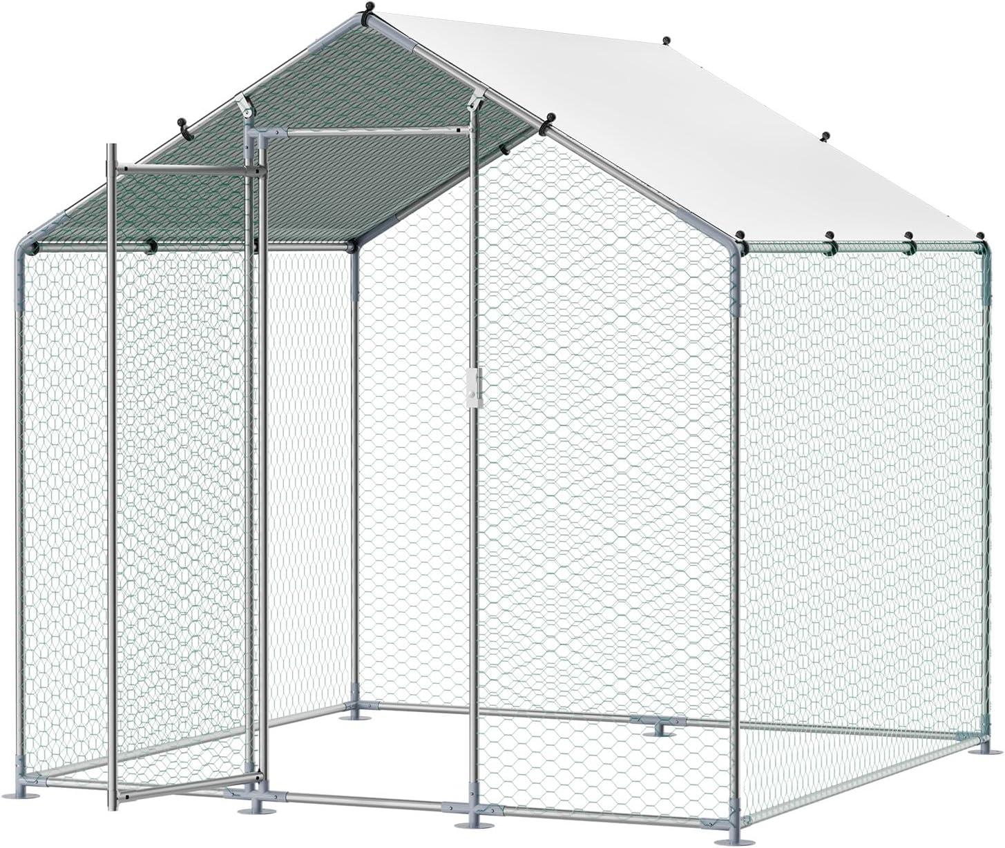imageVEVOR Large Metal Chicken Coop with Run Walkin Chicken Coop for Yard with Waterproof Cover 65 x 98 x 65 ft Spire Roof Large Poultry Cage for Hen House Duck Coop and Rabbit RunSpire Roof