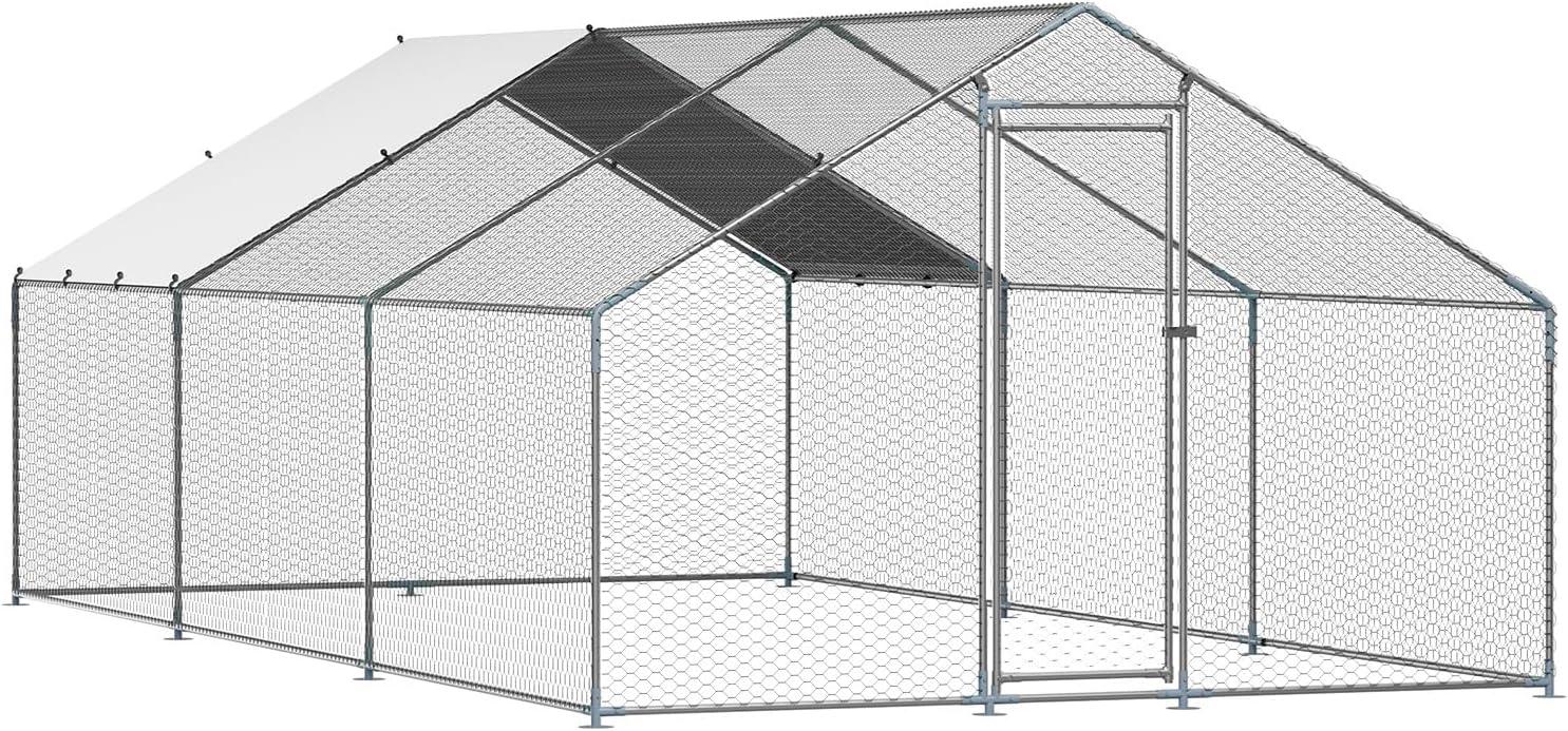 imageVEVOR Large Metal Chicken Coop with Run Walkin Chicken Coop for Yard with Waterproof Cover 65 x 98 x 65 ft Spire Roof Large Poultry Cage for Hen House Duck Coop and Rabbit RunSpire Roof