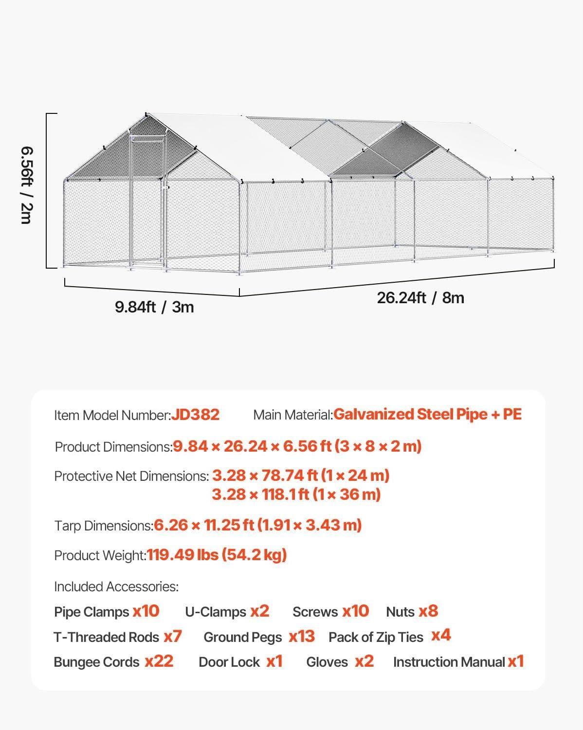 imageVEVOR Large Metal Chicken Coop with Run Walkin Chicken Coop for Yard with Waterproof Cover 65 x 98 x 65 ft Spire Roof Large Poultry Cage for Hen House Duck Coop and Rabbit RunSpire Roof