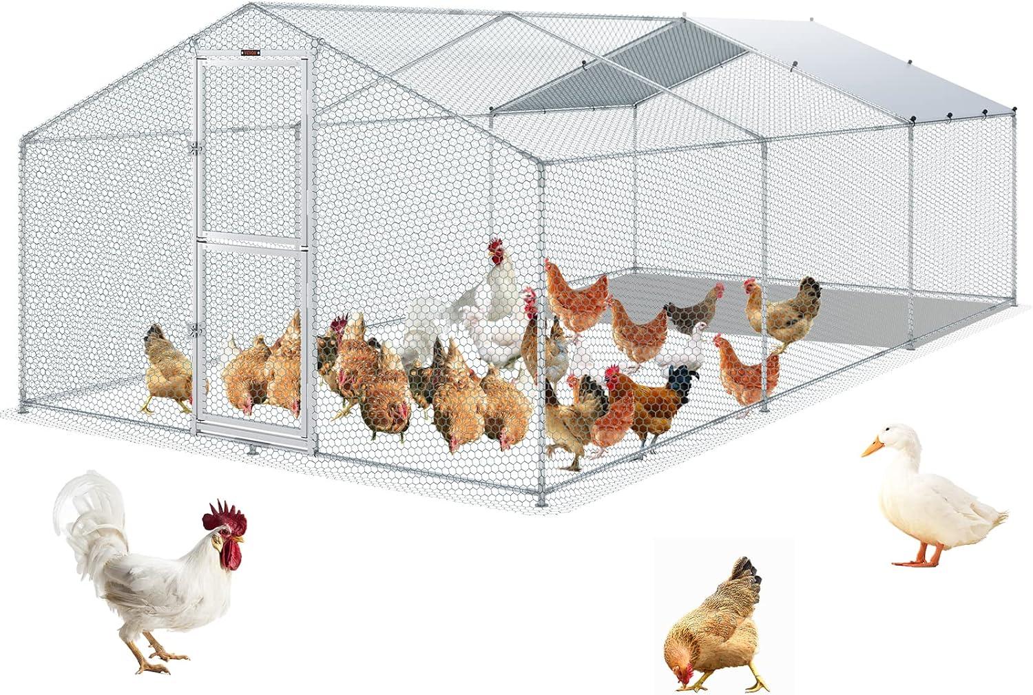 imageVEVOR Large Metal Chicken Coop with Run Walkin Chicken Coop for Yard with Waterproof Cover 65 x 98 x 65 ft Spire Roof Large Poultry Cage for Hen House Duck Coop and Rabbit RunSpire Roof with Split Door