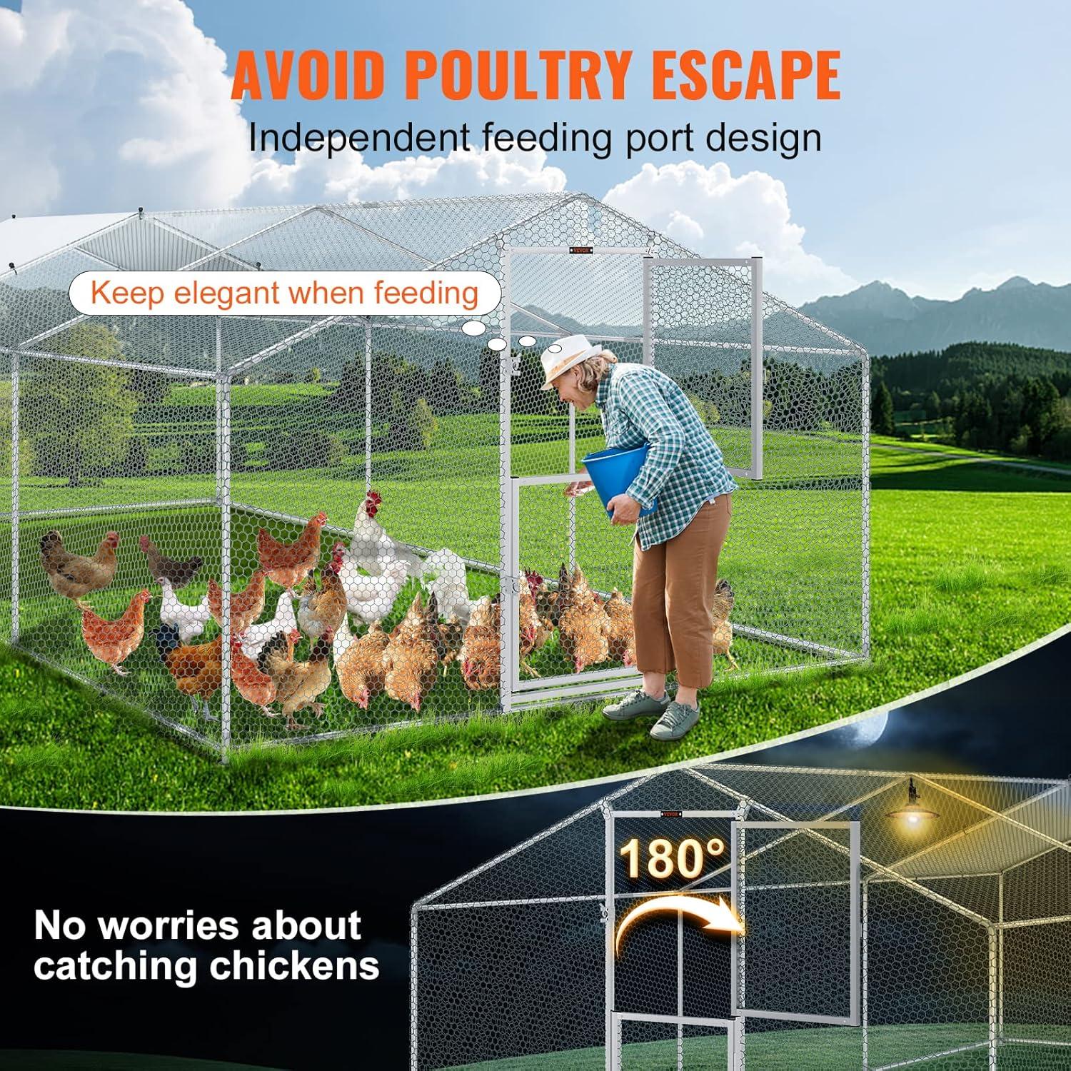 imageVEVOR Large Metal Chicken Coop with Run Walkin Chicken Coop for Yard with Waterproof Cover 65 x 98 x 65 ft Spire Roof Large Poultry Cage for Hen House Duck Coop and Rabbit RunSpire Roof with Split Door