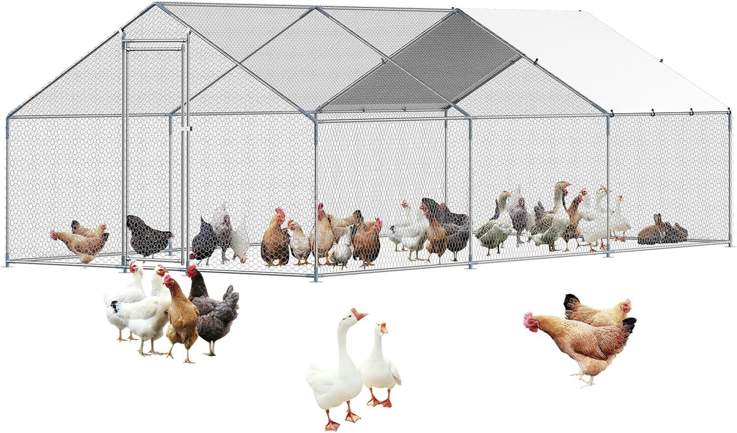 imageVEVOR Large Metal Chicken Coop with Run Walkin Chicken Coop for Yard with Waterproof Cover 65 x 98 x 65 ft Spire Roof Large Poultry Cage for Hen House Duck Coop and Rabbit RunSpire Roof