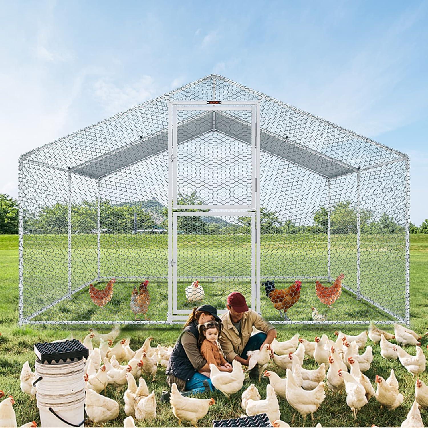 imageVEVOR Large Metal Chicken Coop with Run Walkin Chicken Coop for Yard with Waterproof Cover 65 x 98 x 65 ft Spire Roof Large Poultry Cage for Hen House Duck Coop and Rabbit RunSpire Roof with Split Door
