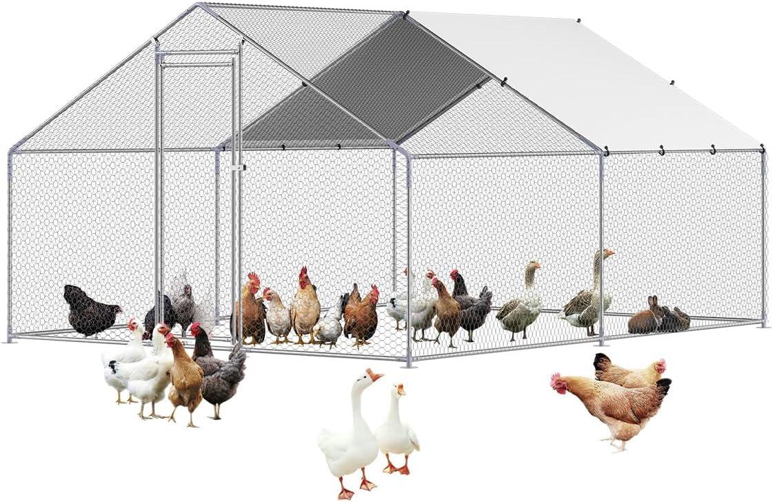 imageVEVOR Large Metal Chicken Coop with Run Walkin Chicken Coop for Yard with Waterproof Cover 65 x 98 x 65 ft Spire Roof Large Poultry Cage for Hen House Duck Coop and Rabbit RunSpire Roof