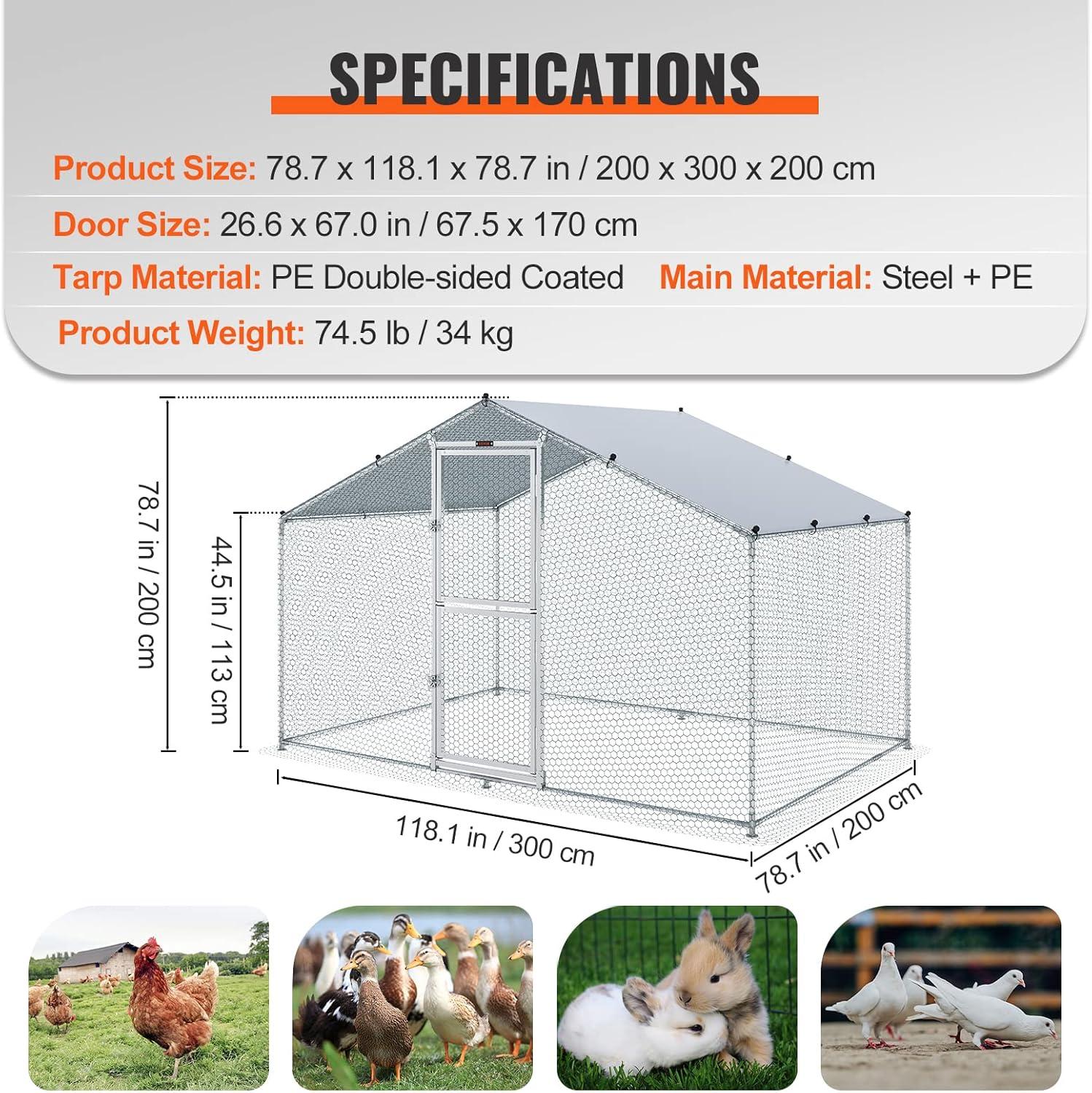 imageVEVOR Large Metal Chicken Coop with Run Walkin Chicken Coop for Yard with Waterproof Cover 65 x 98 x 65 ft Spire Roof Large Poultry Cage for Hen House Duck Coop and Rabbit RunSpire Roof with Split Door