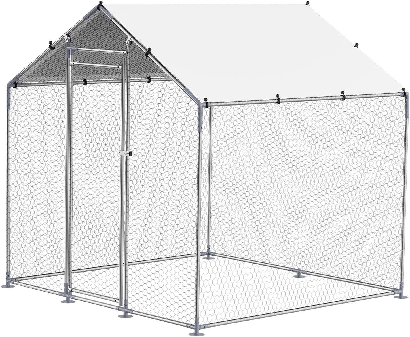 imageVEVOR Large Metal Chicken Coop with Run Walkin Chicken Coop for Yard with Waterproof Cover 65 x 98 x 65 ft Spire Roof Large Poultry Cage for Hen House Duck Coop and Rabbit RunSpire Roof