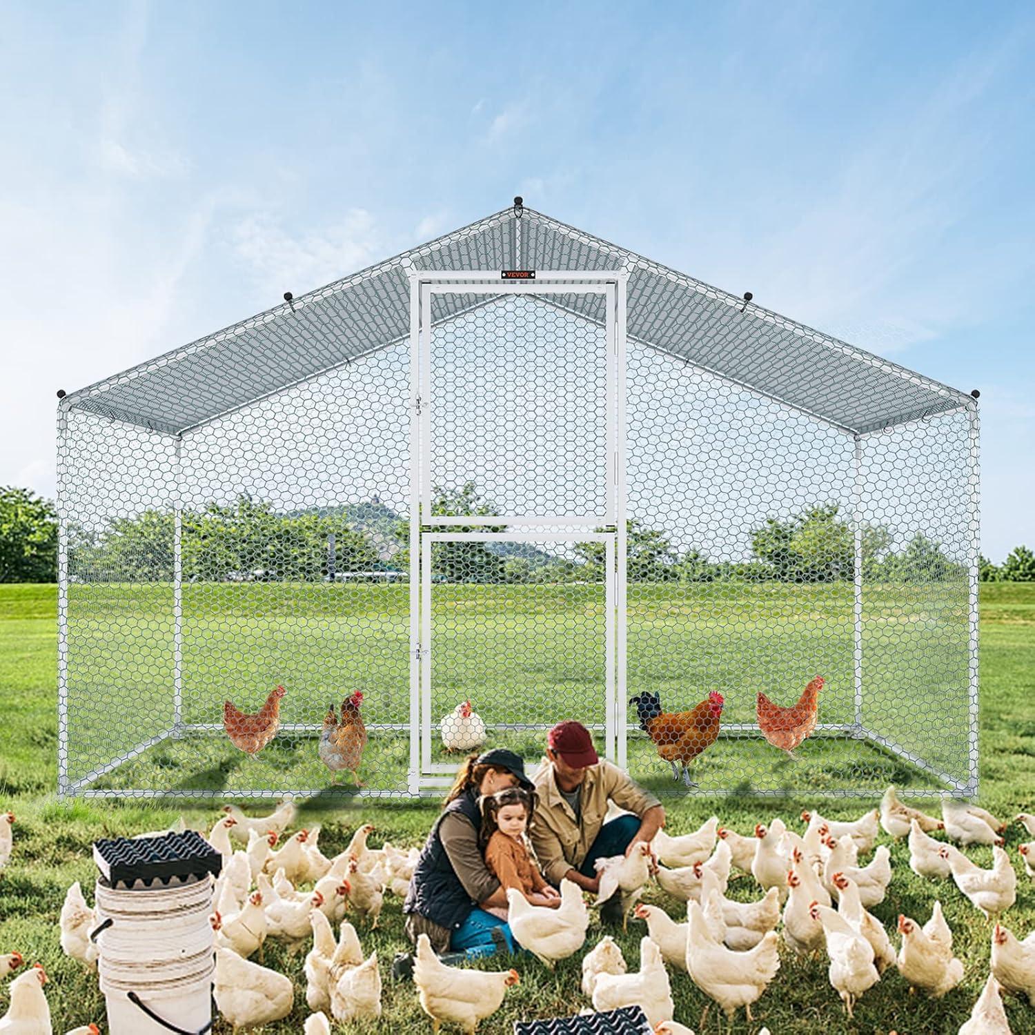 imageVEVOR Large Metal Chicken Coop with Run Walkin Chicken Coop for Yard with Waterproof Cover 65 x 98 x 65 ft Spire Roof Large Poultry Cage for Hen House Duck Coop and Rabbit RunSpire Roof with Split Door