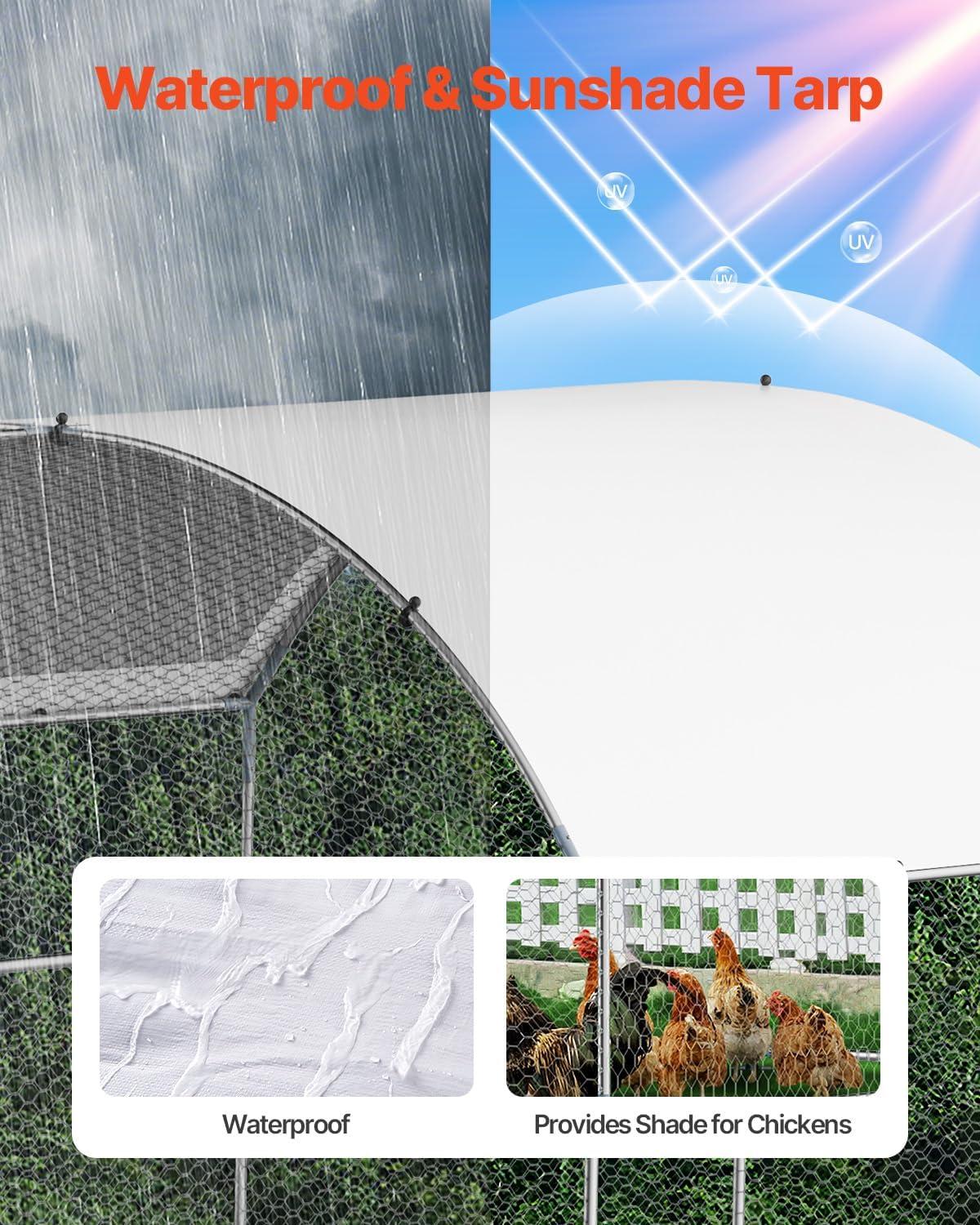 imageVEVOR Large Metal Chicken Coop with Run Walkin Chicken Coop for Yard with Waterproof Cover 65 x 98 x 65 ft Spire Roof Large Poultry Cage for Hen House Duck Coop and Rabbit RunDome Roof