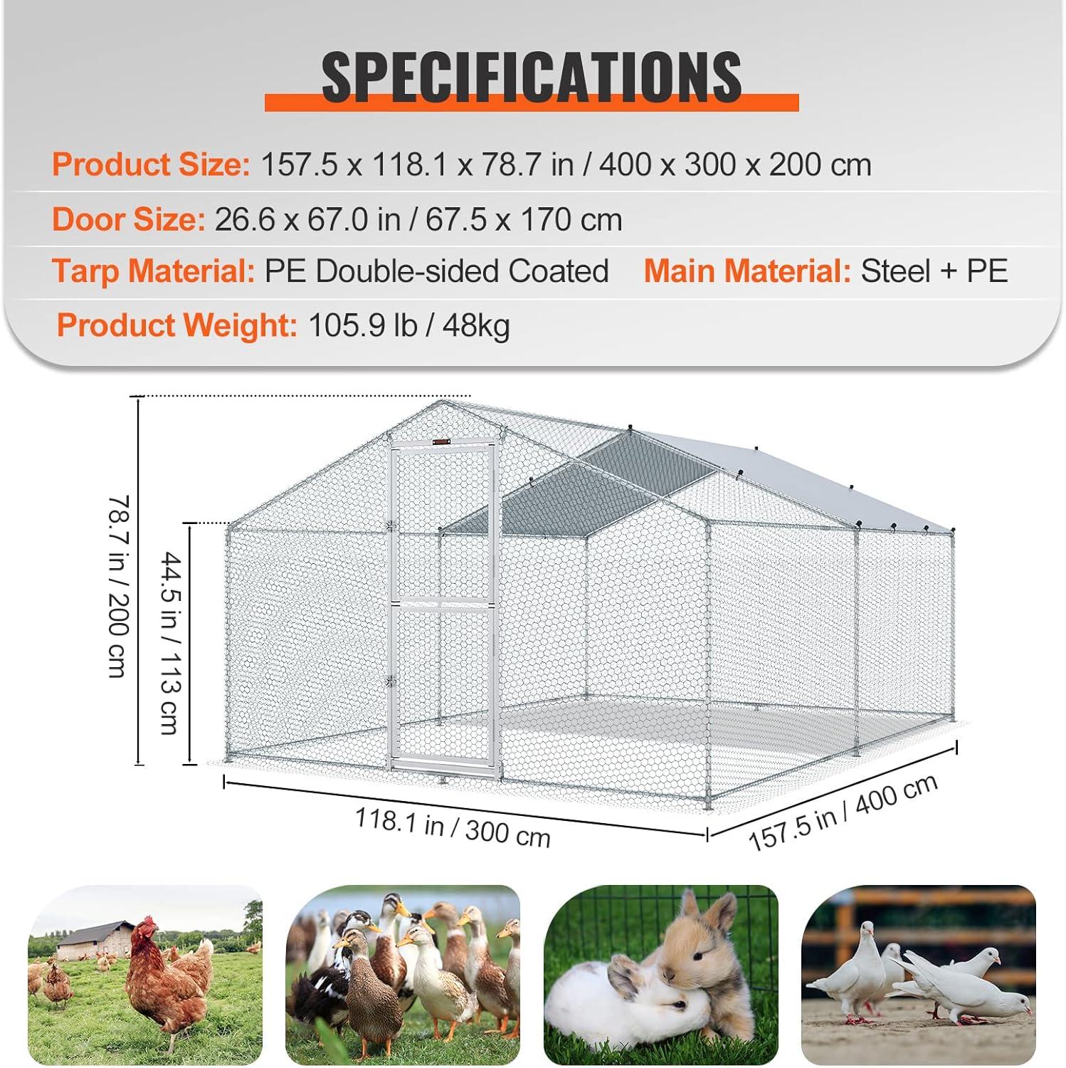 imageVEVOR Large Metal Chicken Coop with Run Walkin Chicken Coop for Yard with Waterproof Cover 65 x 98 x 65 ft Spire Roof Large Poultry Cage for Hen House Duck Coop and Rabbit RunSpire Roof with Split Door