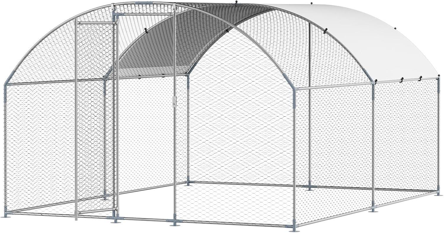 imageVEVOR Large Metal Chicken Coop with Run Walkin Chicken Coop for Yard with Waterproof Cover 65 x 98 x 65 ft Spire Roof Large Poultry Cage for Hen House Duck Coop and Rabbit RunDome Roof