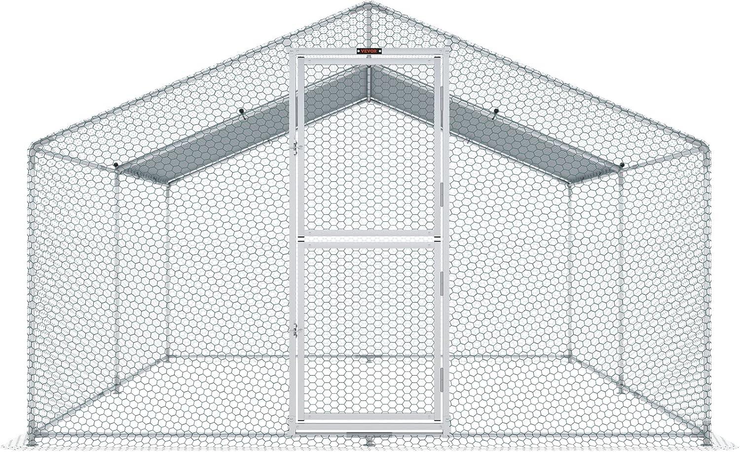 imageVEVOR Large Metal Chicken Coop with Run Walkin Chicken Coop for Yard with Waterproof Cover 65 x 98 x 65 ft Spire Roof Large Poultry Cage for Hen House Duck Coop and Rabbit RunSpire Roof with Split Door