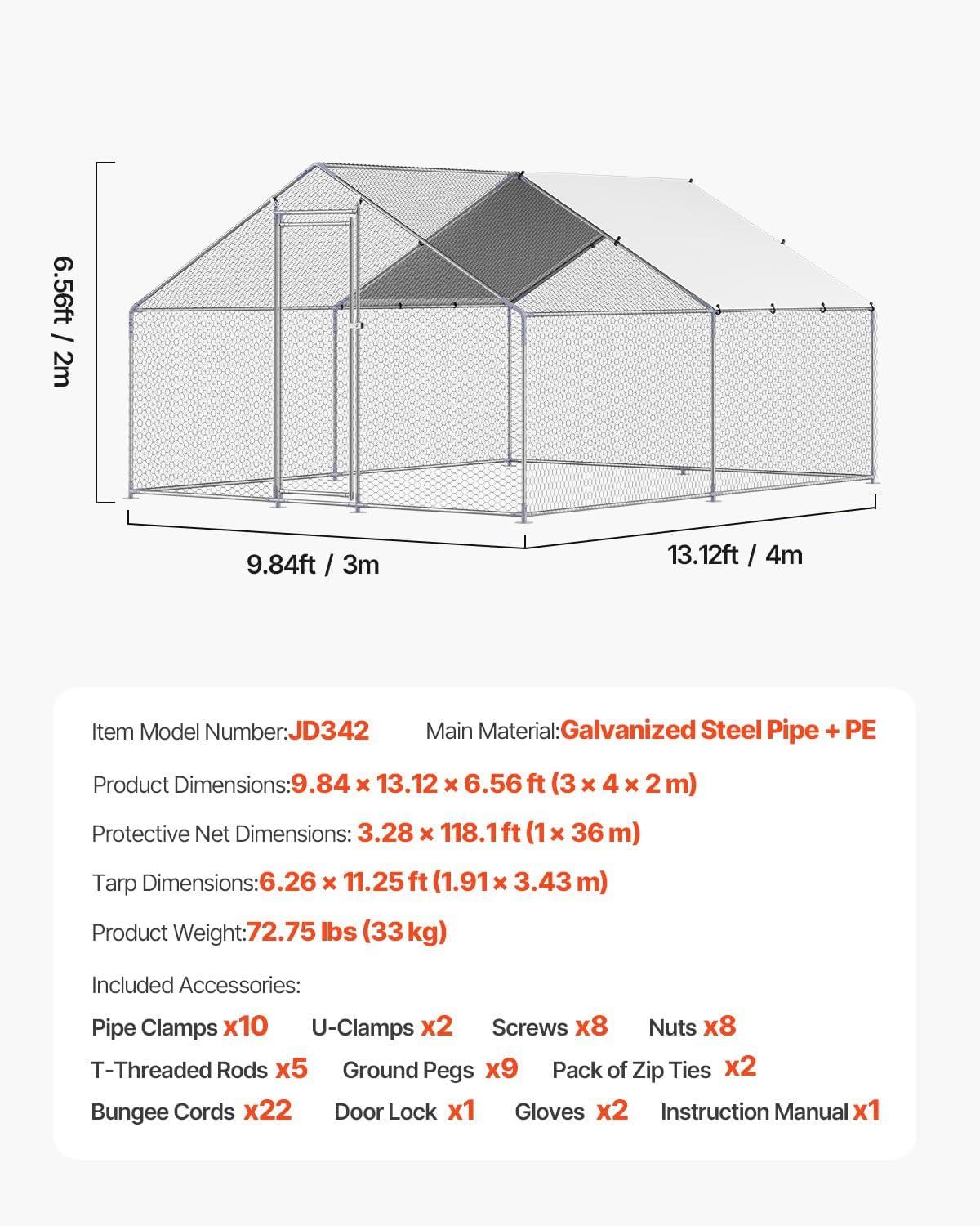 imageVEVOR Large Metal Chicken Coop with Run Walkin Chicken Coop for Yard with Waterproof Cover 65 x 98 x 65 ft Spire Roof Large Poultry Cage for Hen House Duck Coop and Rabbit RunSpire Roof