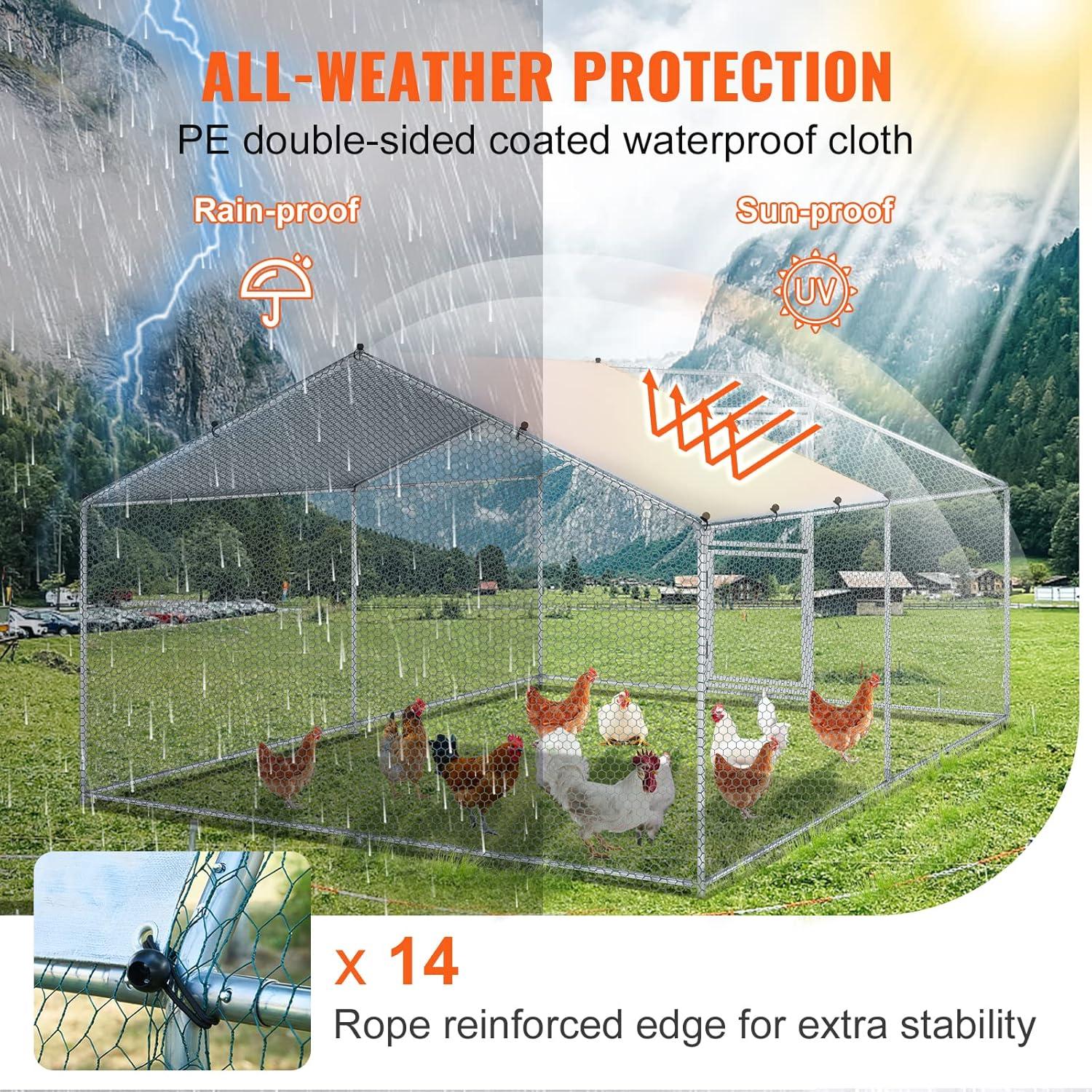 imageVEVOR Large Metal Chicken Coop with Run Walkin Chicken Coop for Yard with Waterproof Cover 65 x 98 x 65 ft Spire Roof Large Poultry Cage for Hen House Duck Coop and Rabbit RunSpire Roof with Split Door